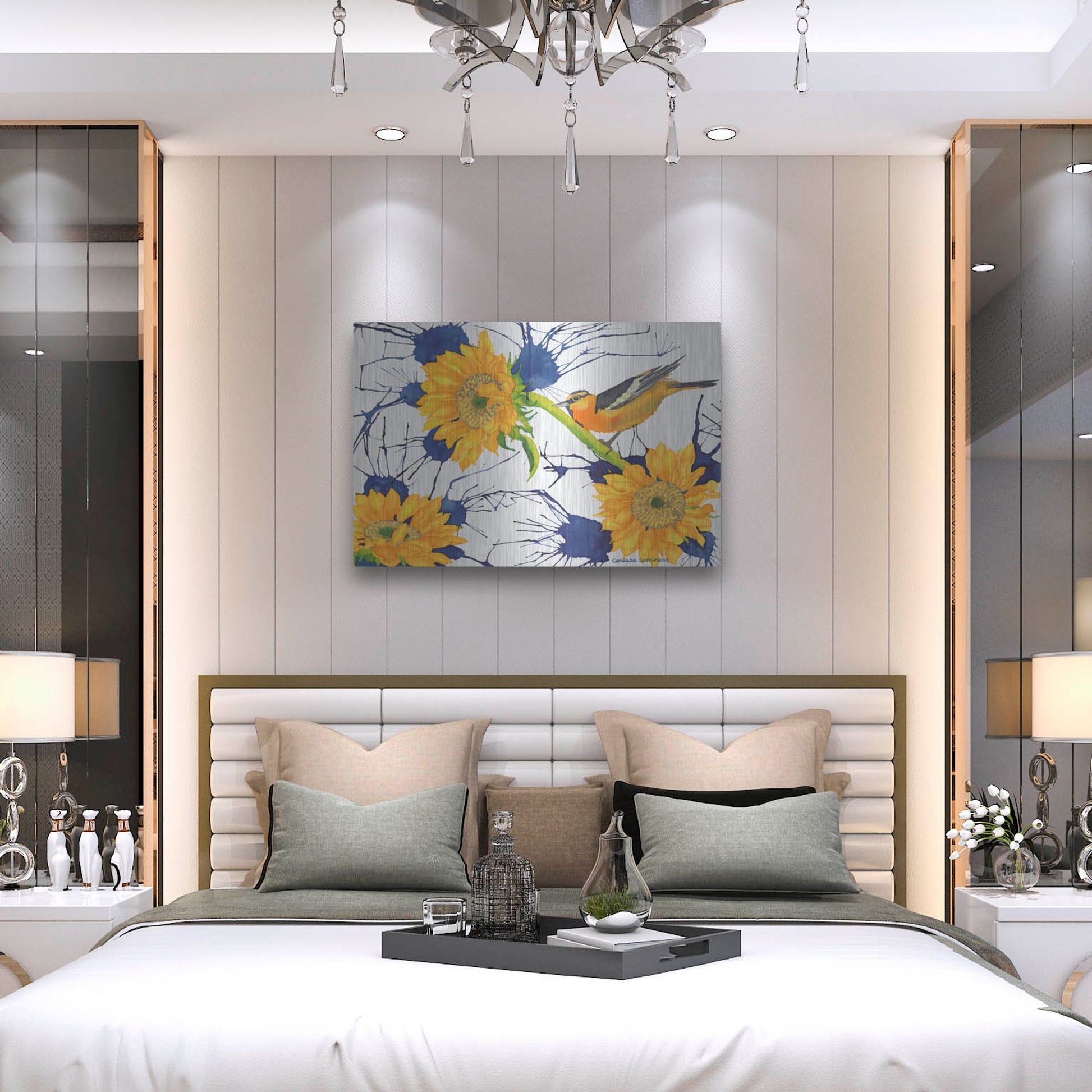 Luxe Metal Art 'Oriole with Sunflowers' by Carissa Luminess, Metal Wall Art,36x24