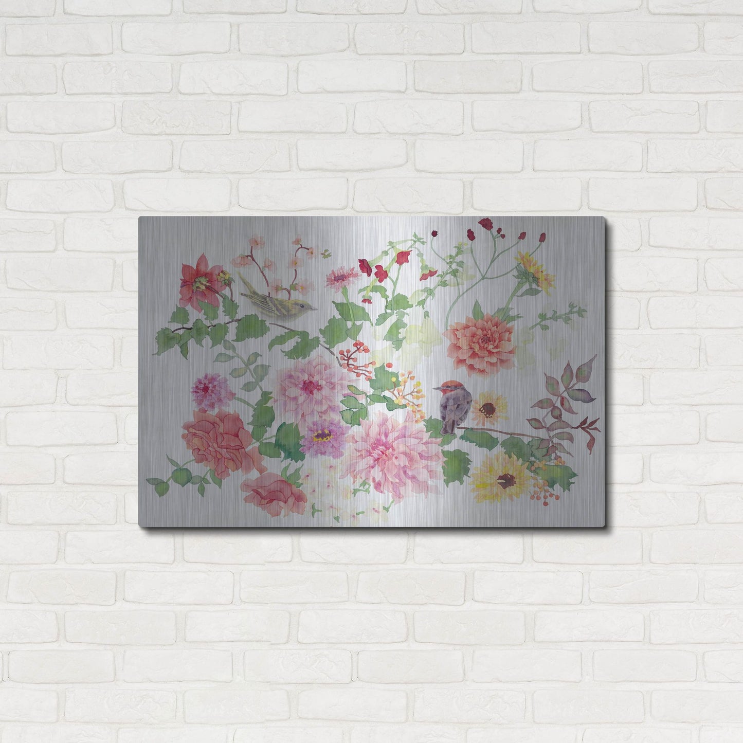 Luxe Metal Art 'Songbirds With Dhalias' by Carissa Luminess, Metal Wall Art,36x24