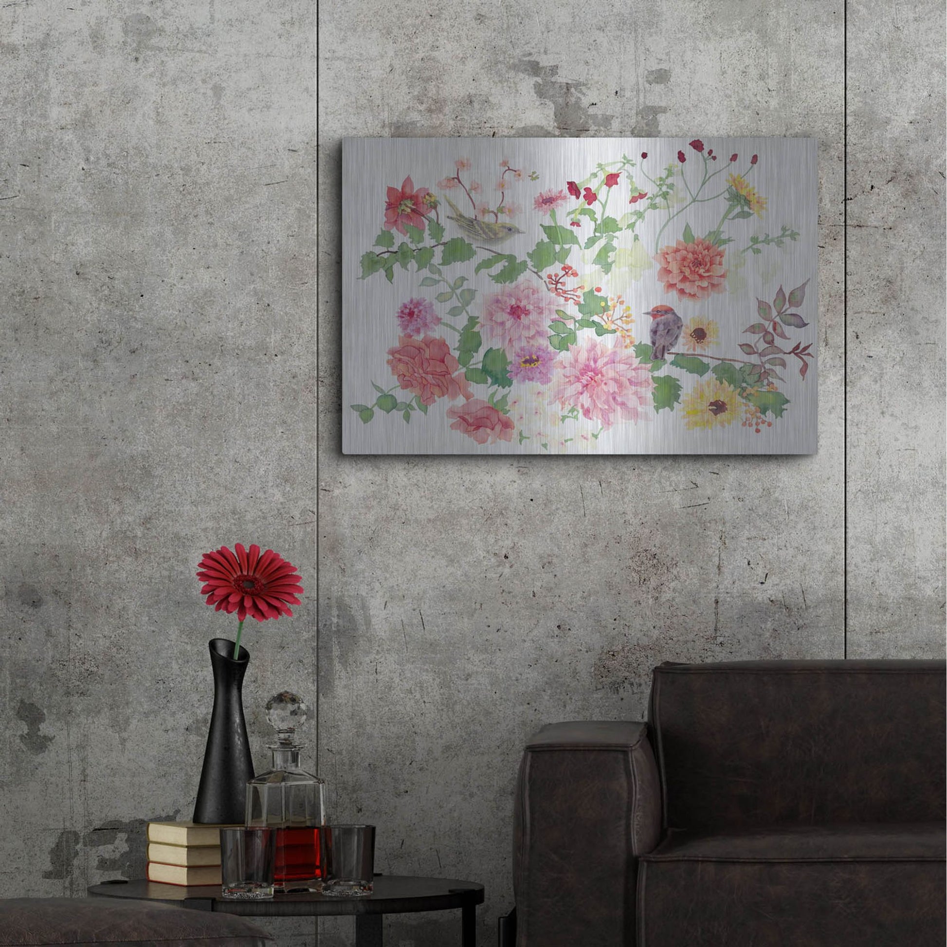 Luxe Metal Art 'Songbirds With Dhalias' by Carissa Luminess, Metal Wall Art,36x24