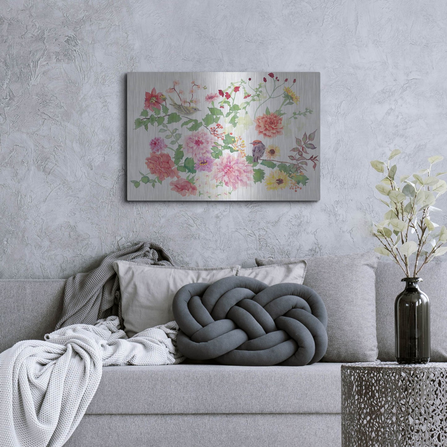 Luxe Metal Art 'Songbirds With Dhalias' by Carissa Luminess, Metal Wall Art,36x24