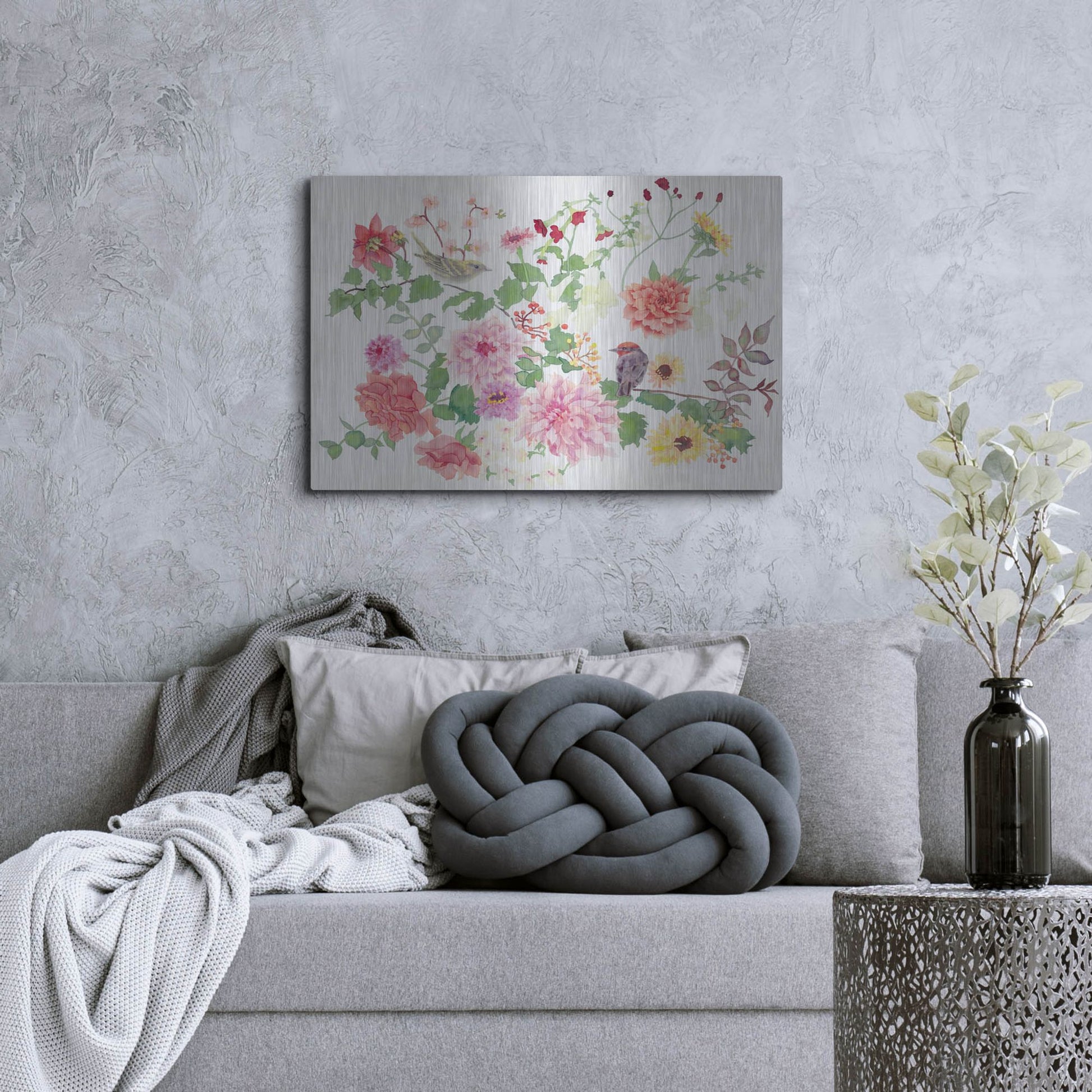 Luxe Metal Art 'Songbirds With Dhalias' by Carissa Luminess, Metal Wall Art,36x24