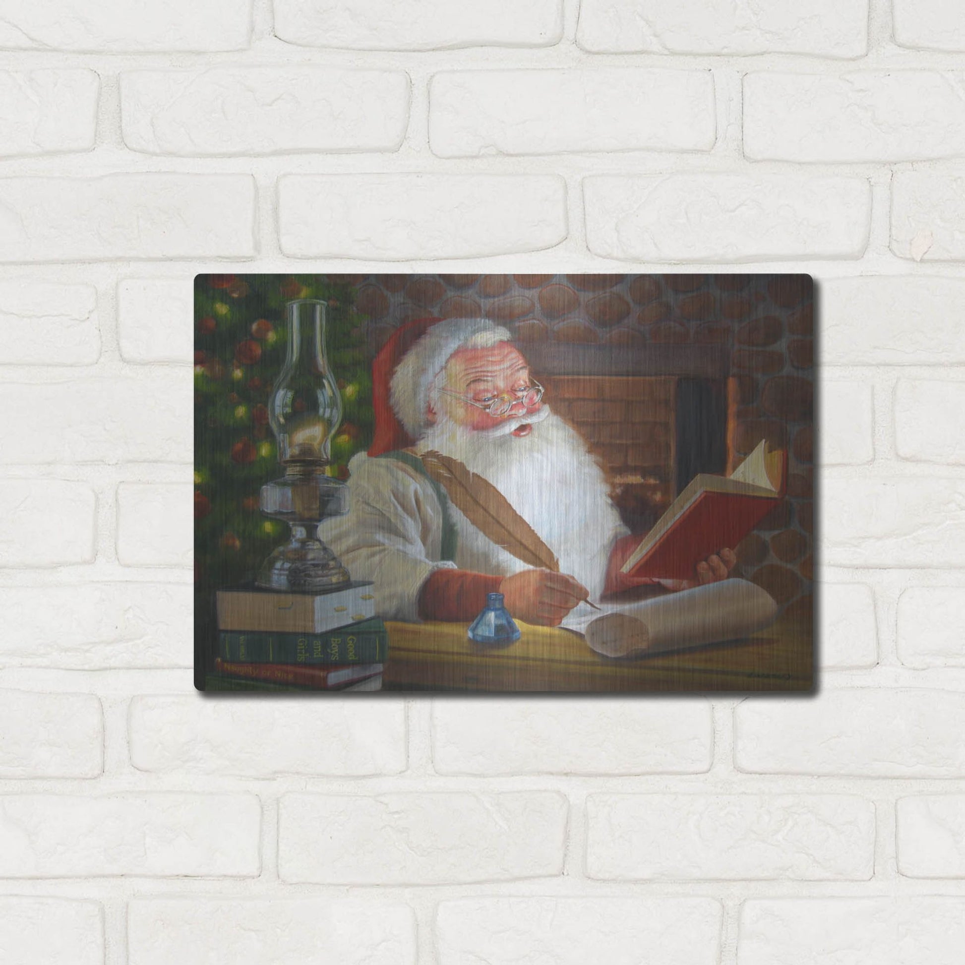 Luxe Metal Art 'Santa Making A List' by David Lindsley, Metal Wall Art,16x12