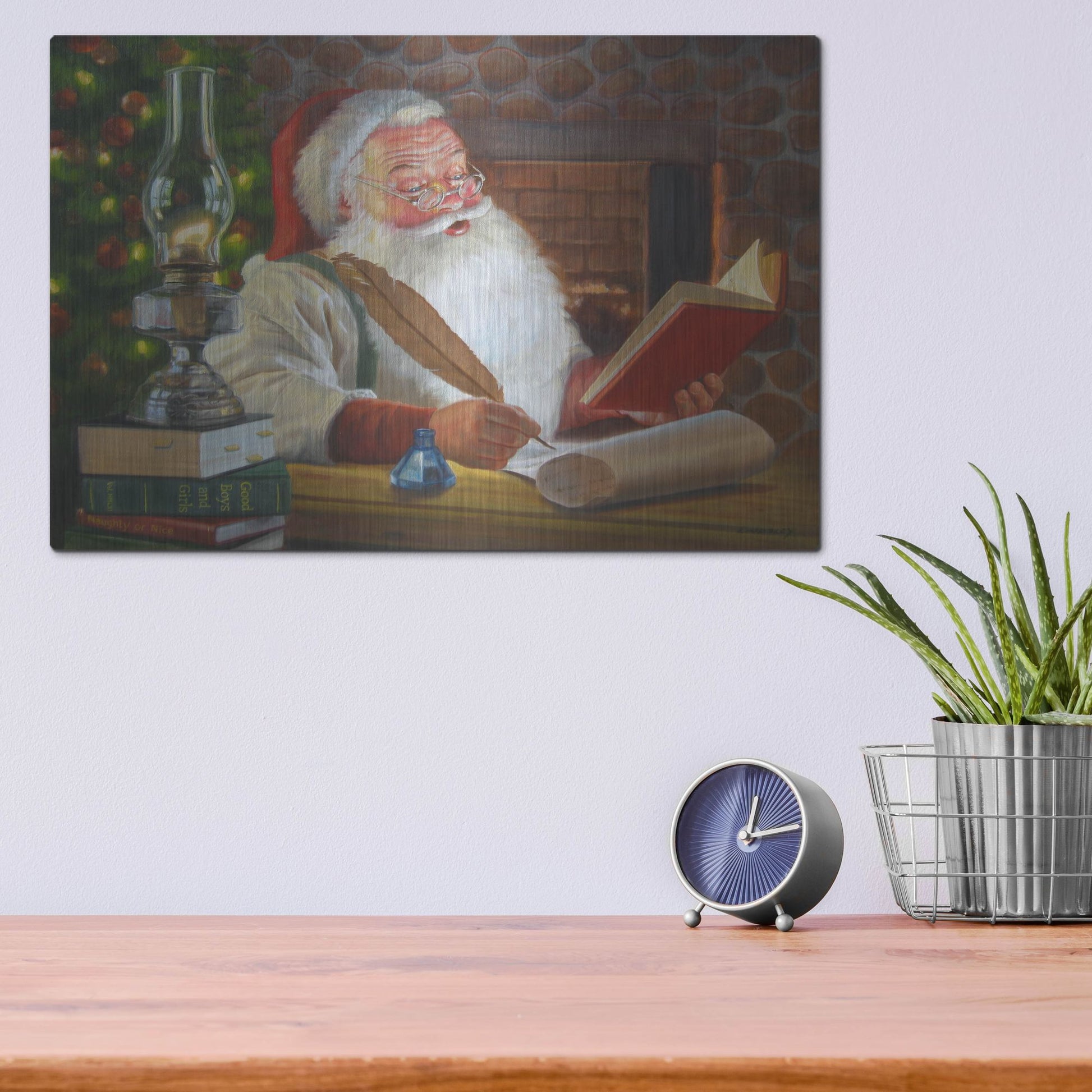 Luxe Metal Art 'Santa Making A List' by David Lindsley, Metal Wall Art,16x12