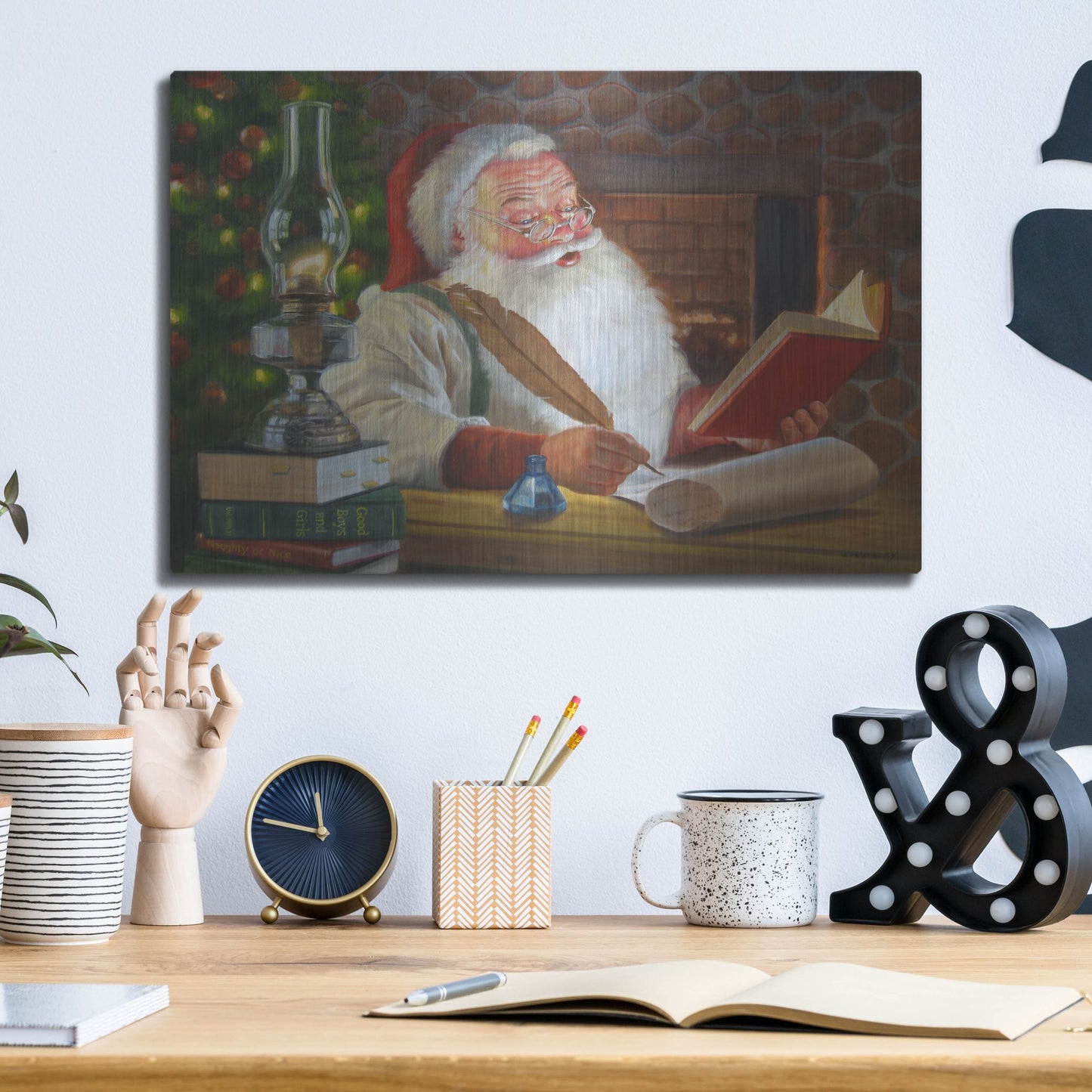 Luxe Metal Art 'Santa Making A List' by David Lindsley, Metal Wall Art,16x12