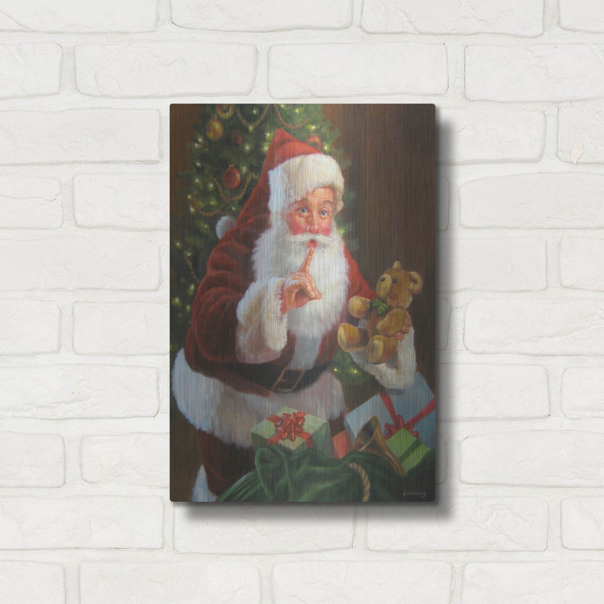 Luxe Metal Art 'Santa With Teddy Bear' by David Lindsley, Metal Wall Art,12x16