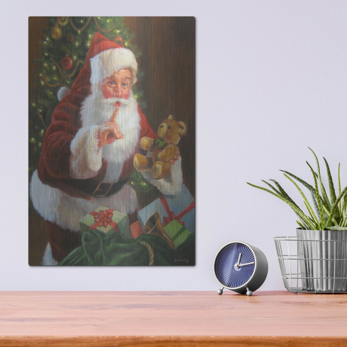 Luxe Metal Art 'Santa With Teddy Bear' by David Lindsley, Metal Wall Art,12x16