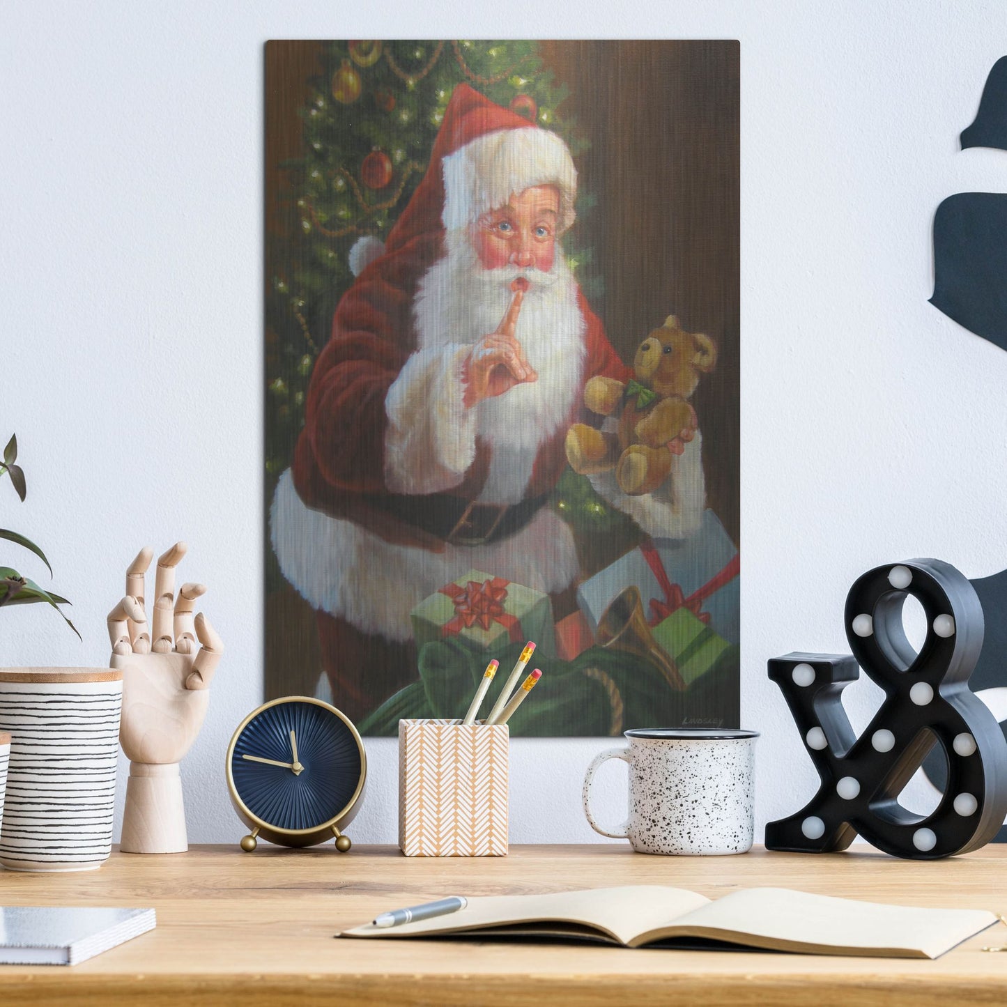 Luxe Metal Art 'Santa With Teddy Bear' by David Lindsley, Metal Wall Art,12x16