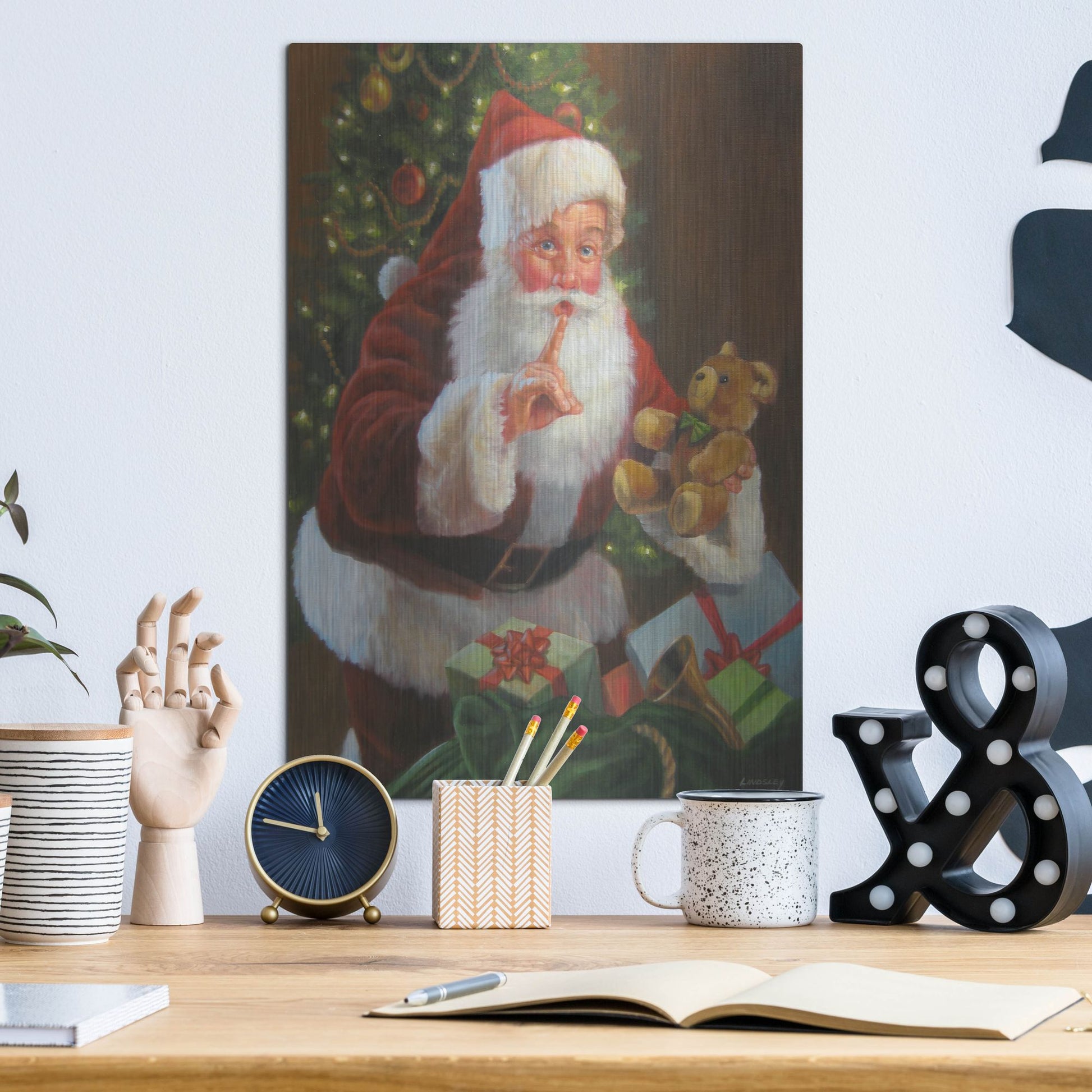 Luxe Metal Art 'Santa With Teddy Bear' by David Lindsley, Metal Wall Art,12x16