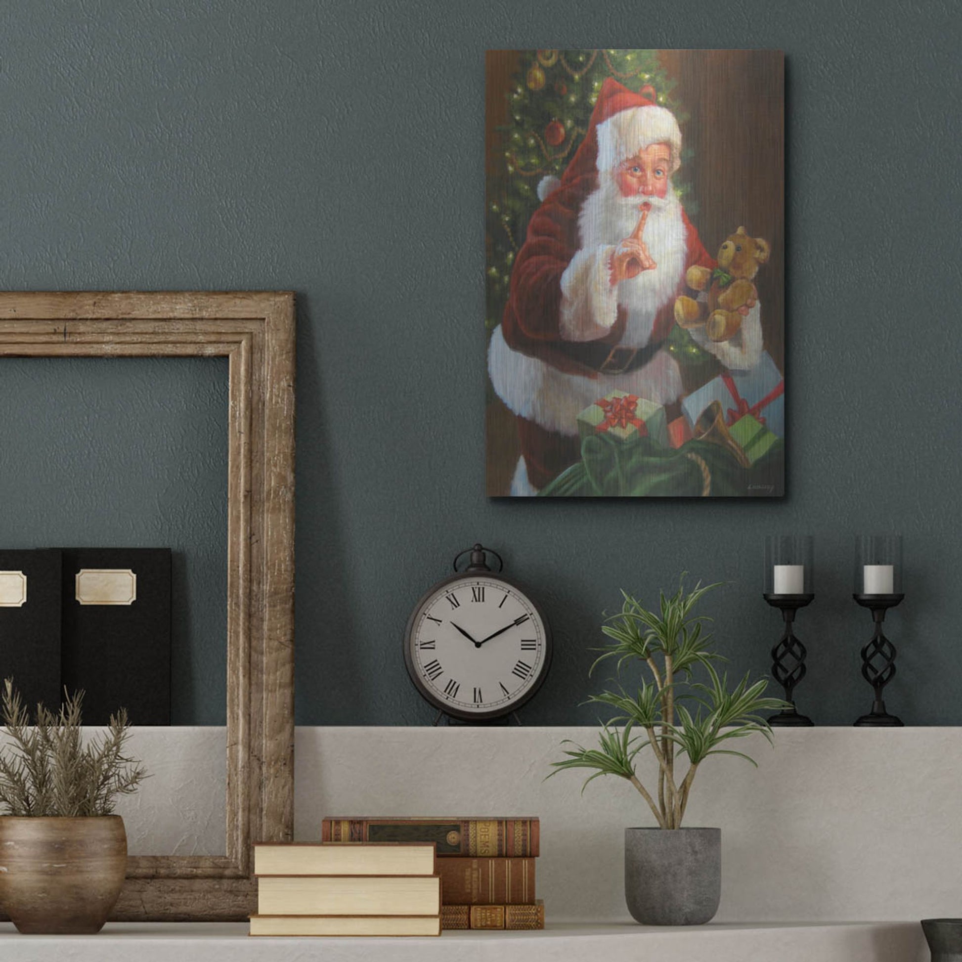 Luxe Metal Art 'Santa With Teddy Bear' by David Lindsley, Metal Wall Art,12x16