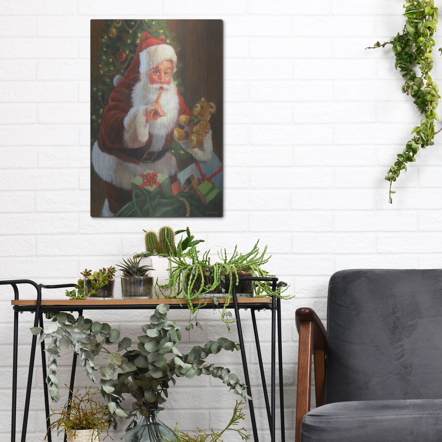 Luxe Metal Art 'Santa With Teddy Bear' by David Lindsley, Metal Wall Art,12x16