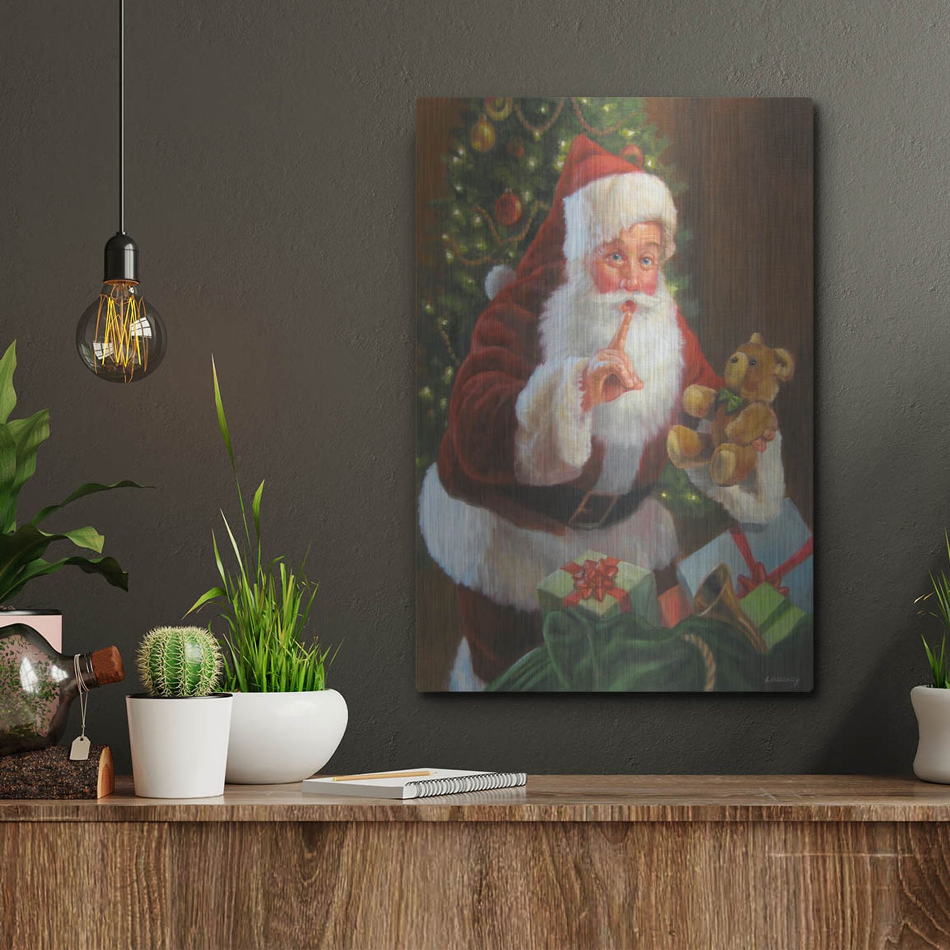 Luxe Metal Art 'Santa With Teddy Bear' by David Lindsley, Metal Wall Art,12x16