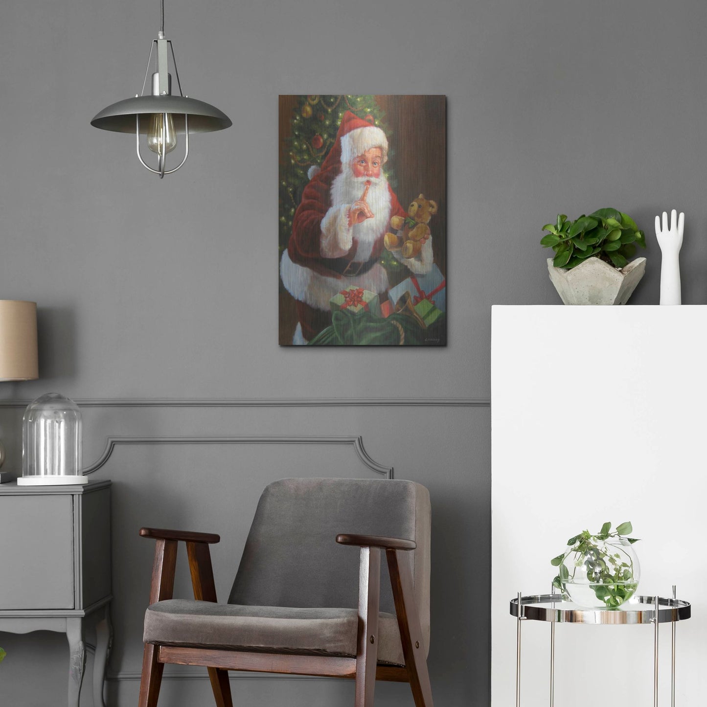 Luxe Metal Art 'Santa With Teddy Bear' by David Lindsley, Metal Wall Art,16x24