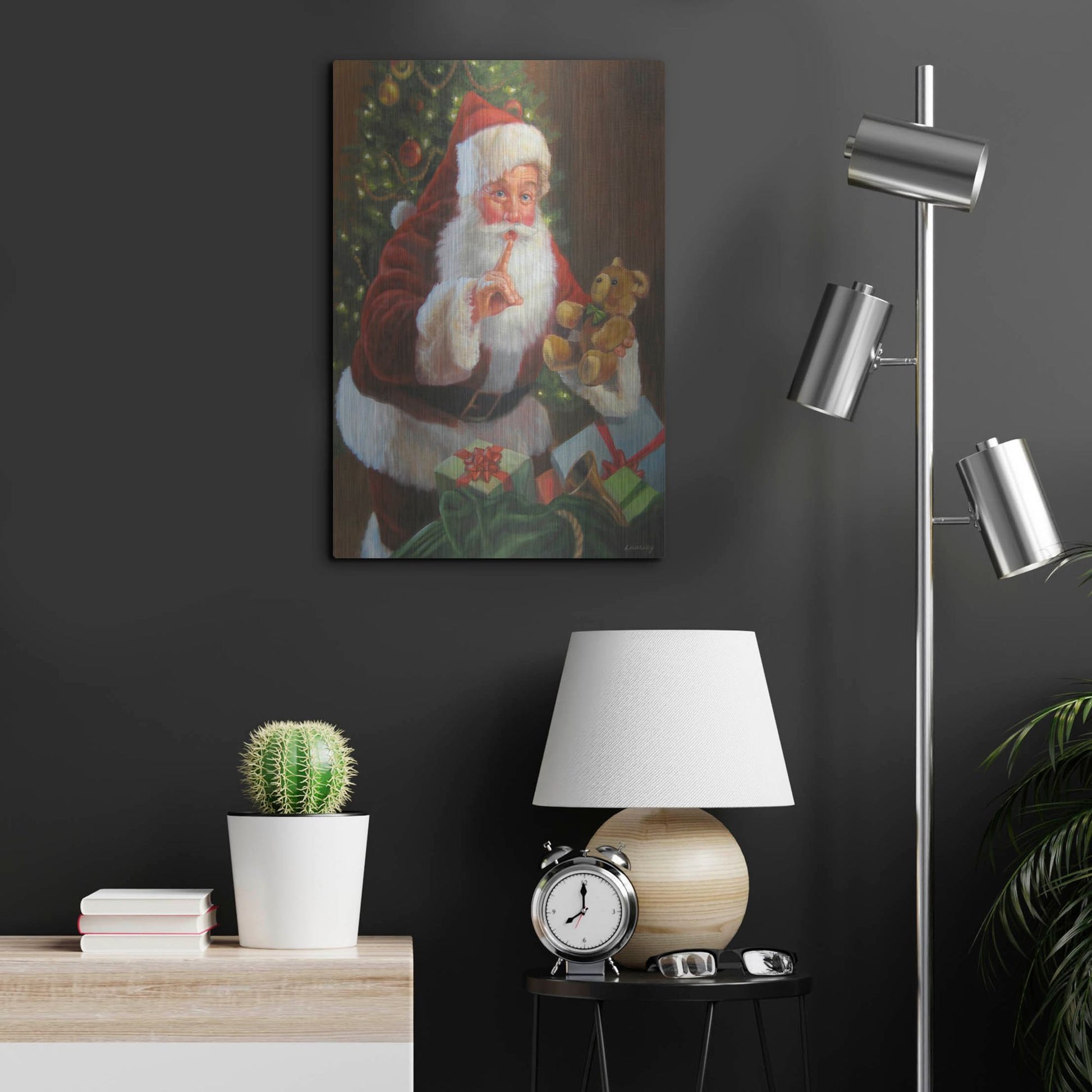 Luxe Metal Art 'Santa With Teddy Bear' by David Lindsley, Metal Wall Art,16x24