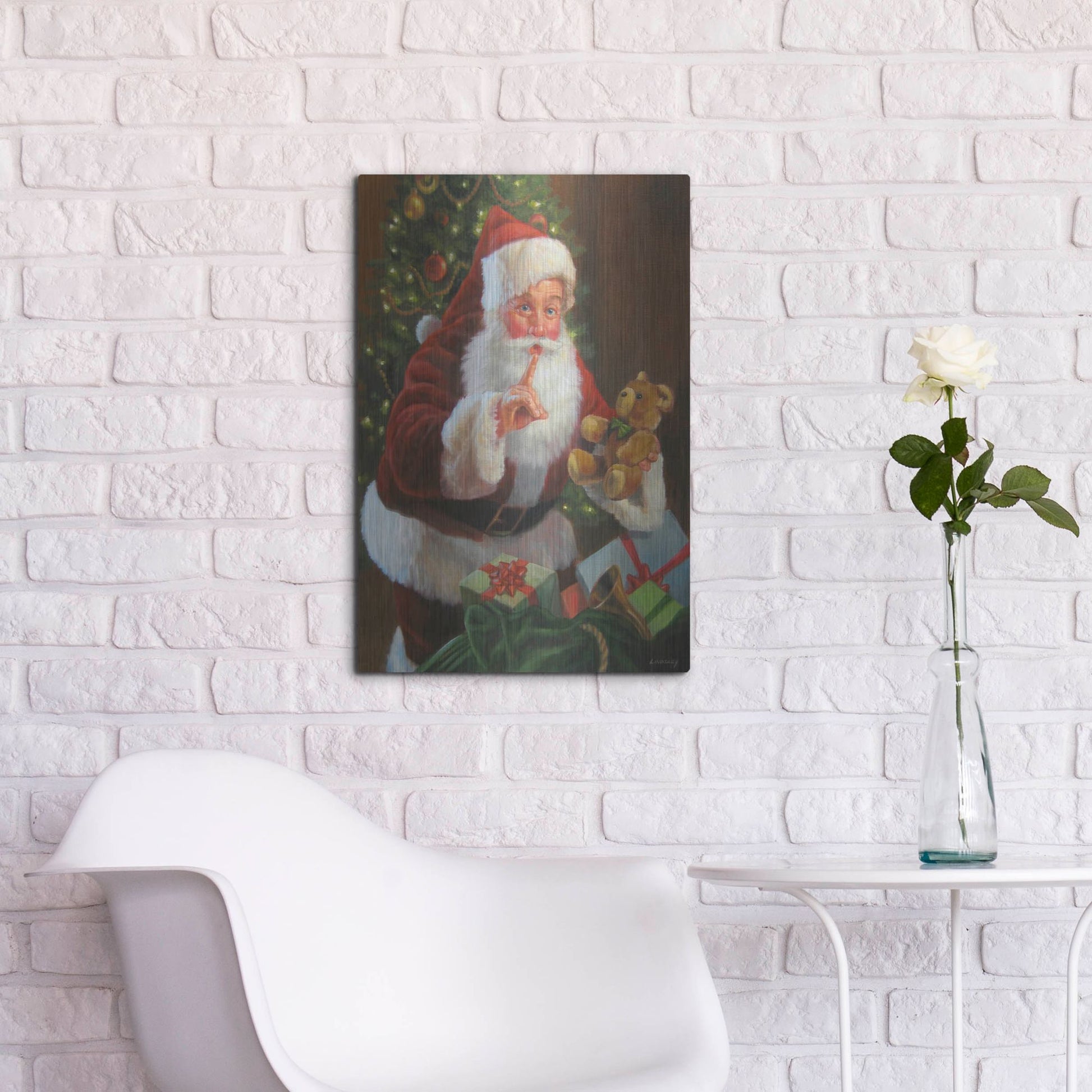 Luxe Metal Art 'Santa With Teddy Bear' by David Lindsley, Metal Wall Art,16x24