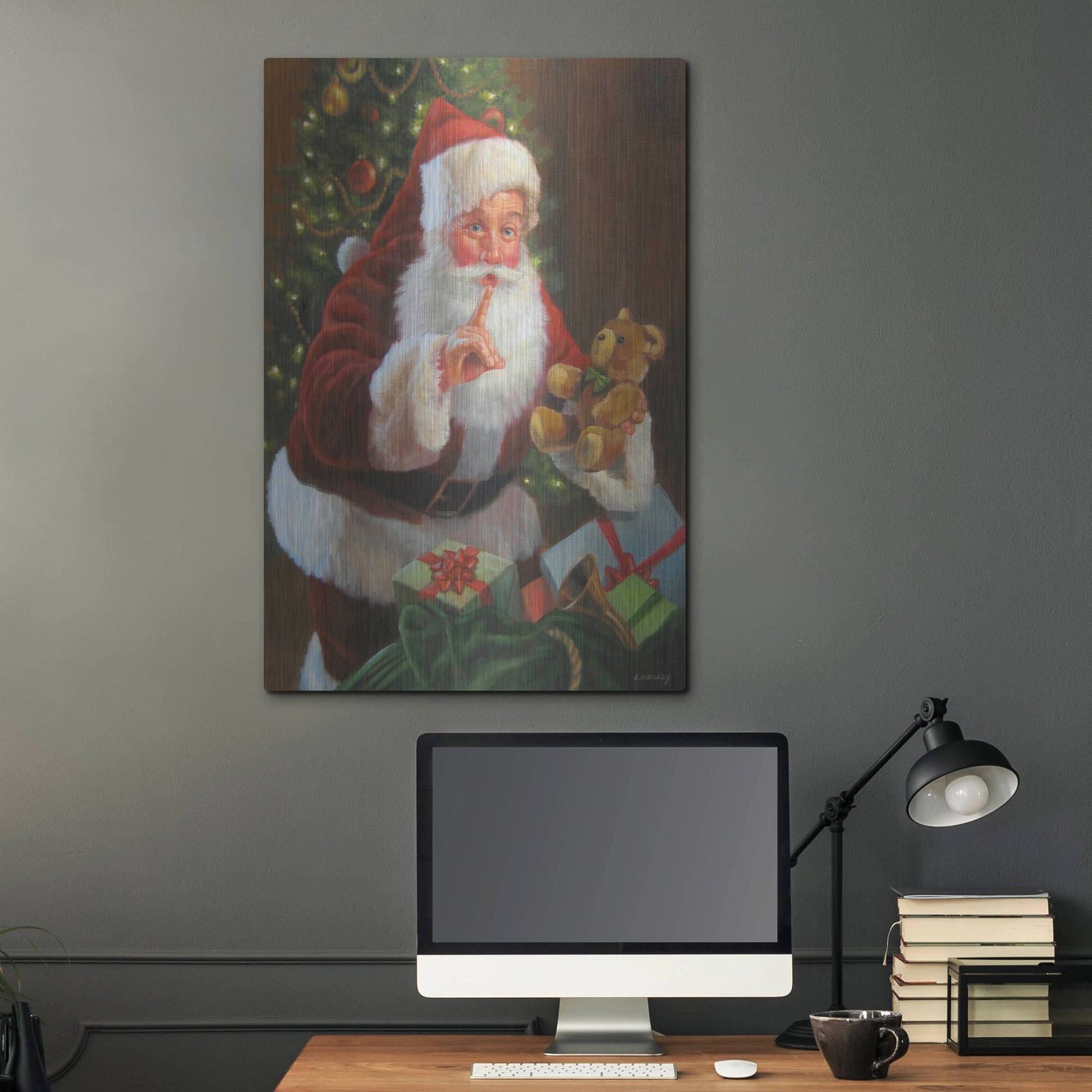 Luxe Metal Art 'Santa With Teddy Bear' by David Lindsley, Metal Wall Art,24x36