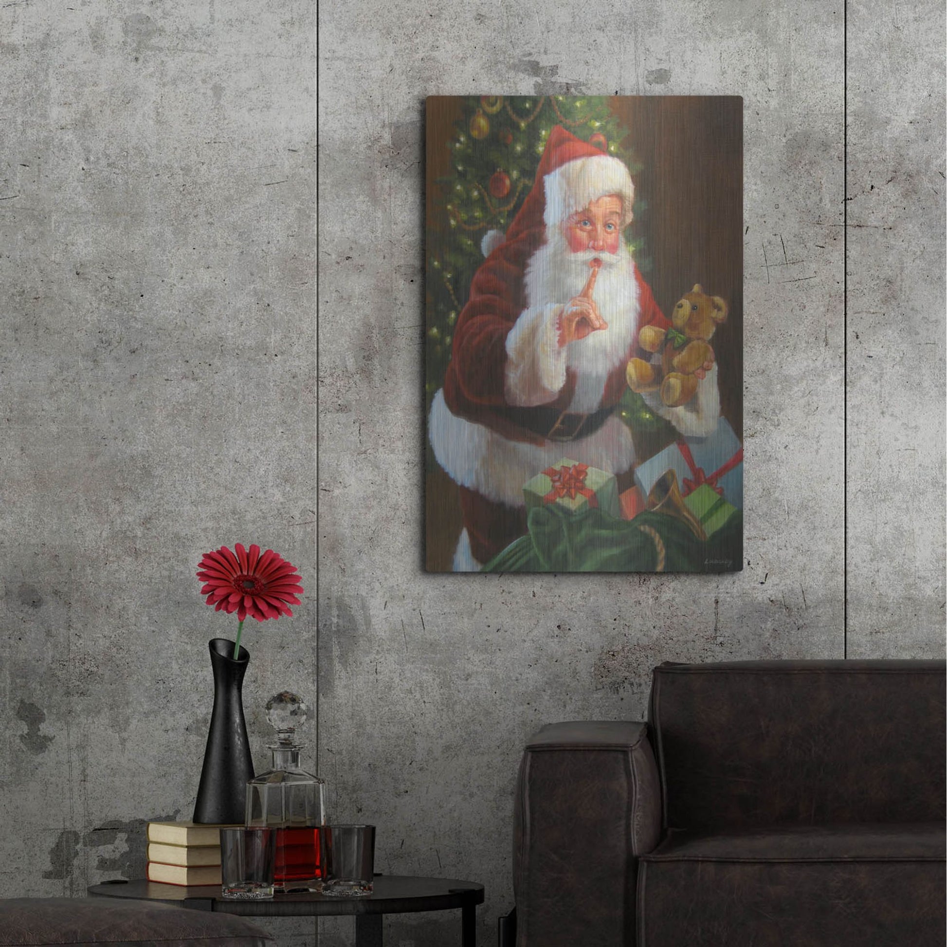 Luxe Metal Art 'Santa With Teddy Bear' by David Lindsley, Metal Wall Art,24x36