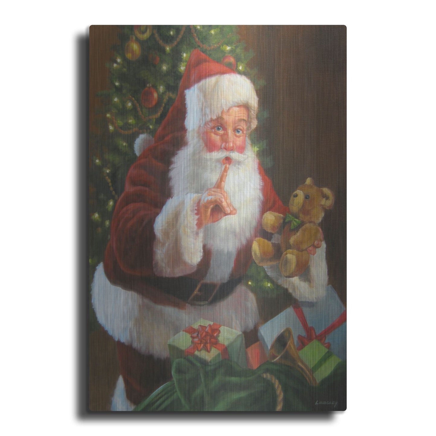 Luxe Metal Art 'Santa With Teddy Bear' by David Lindsley, Metal Wall Art