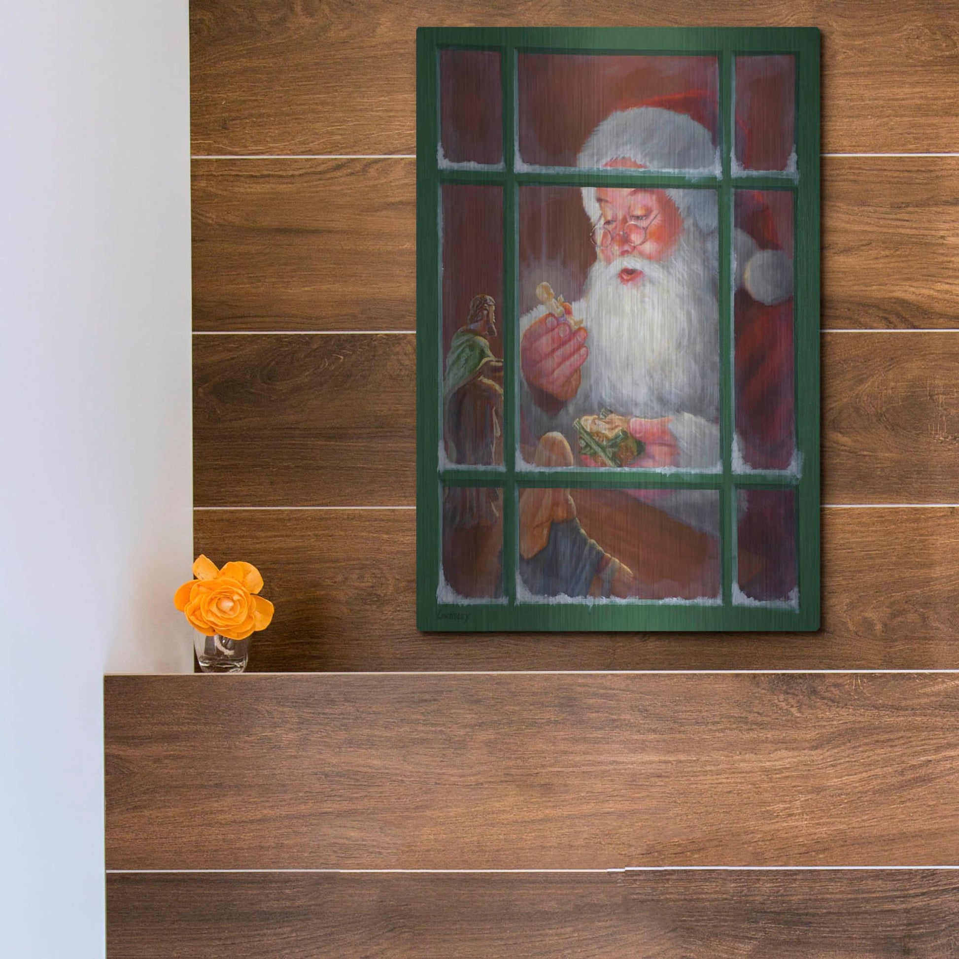 Luxe Metal Art 'Santa Window 2' by David Lindsley, Metal Wall Art,12x16