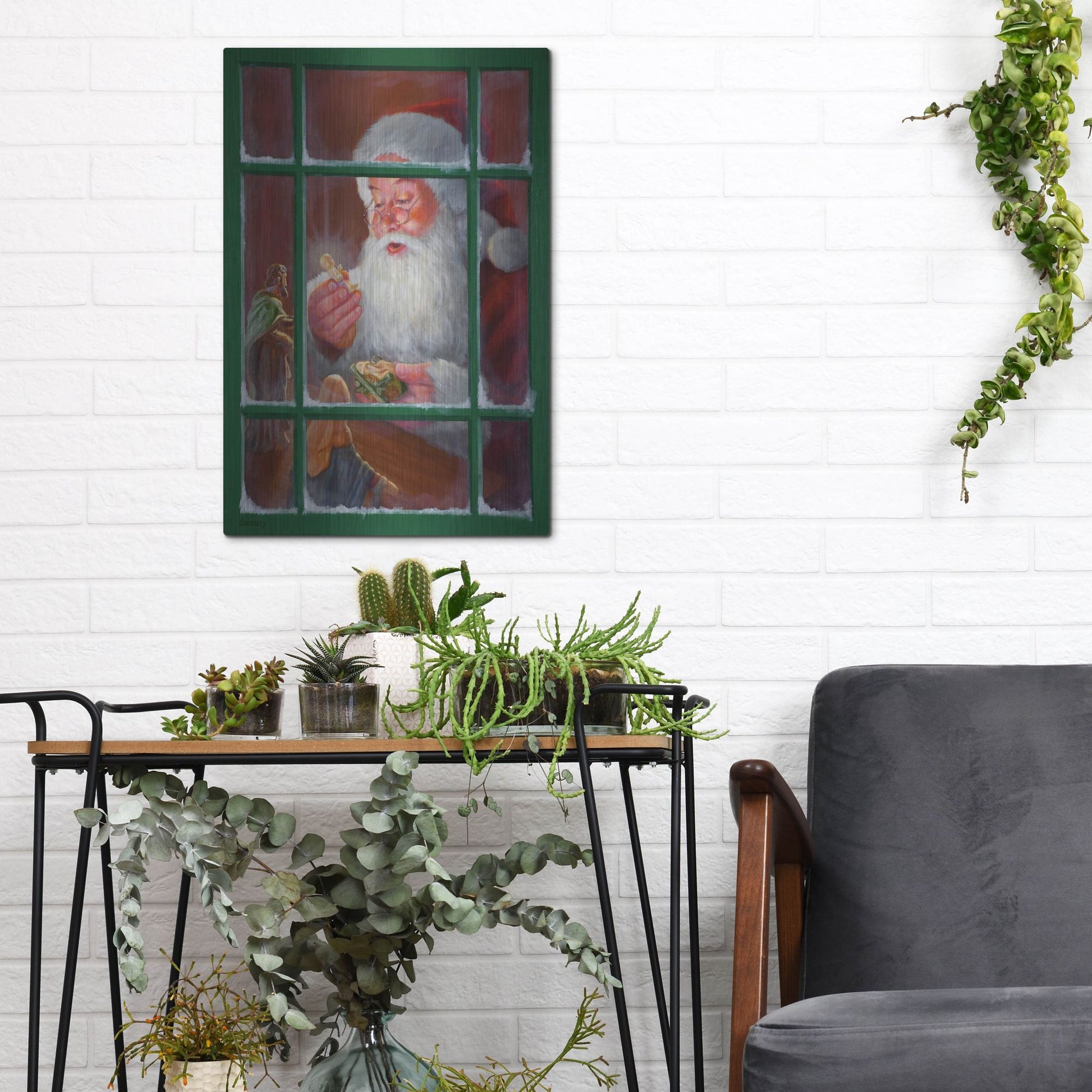 Luxe Metal Art 'Santa Window 2' by David Lindsley, Metal Wall Art,12x16