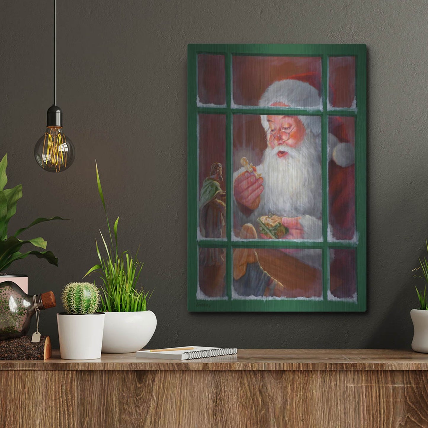 Luxe Metal Art 'Santa Window 2' by David Lindsley, Metal Wall Art,12x16