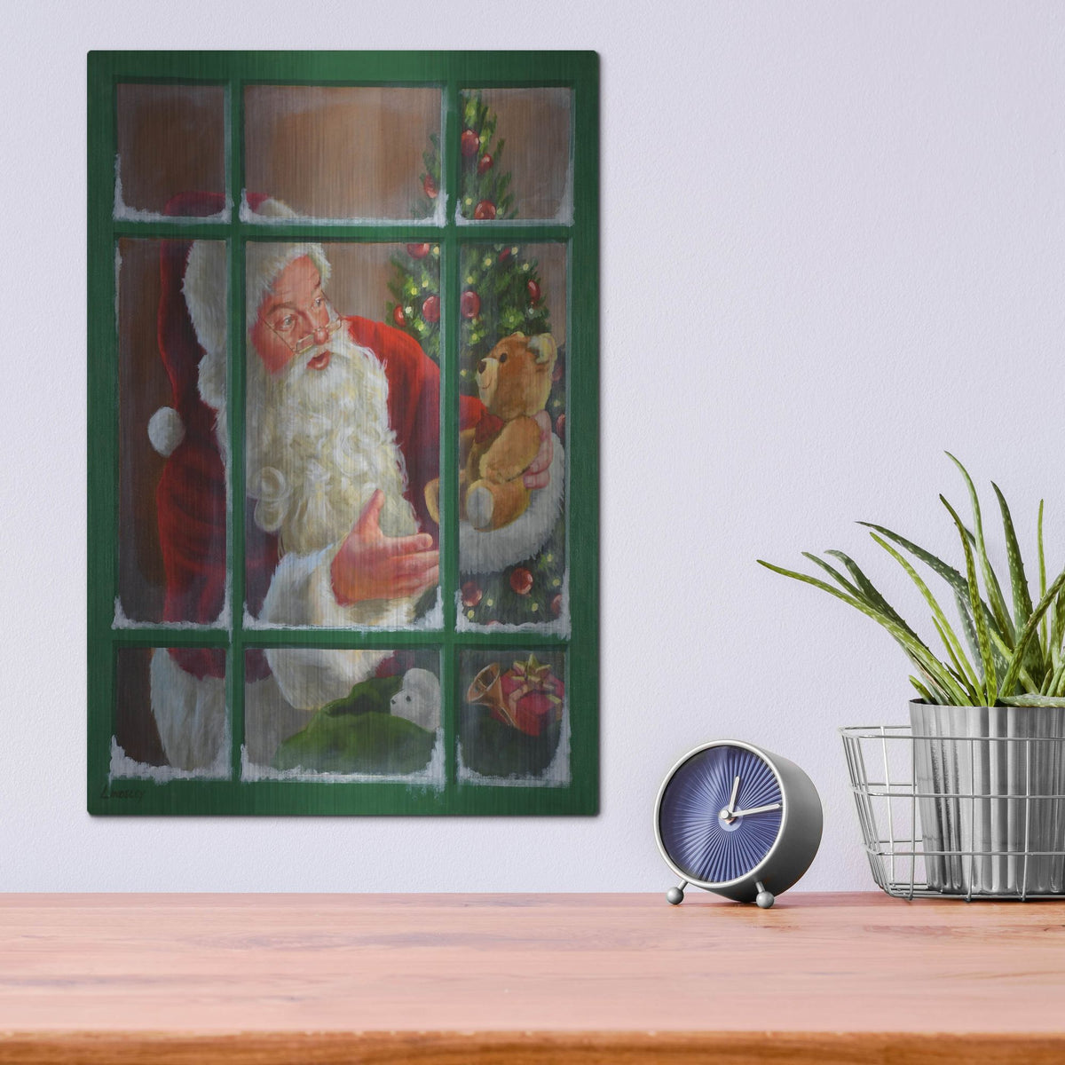 Luxe Metal Art 'Santa Window 3' by David Lindsley, Metal Wall Art,12x16