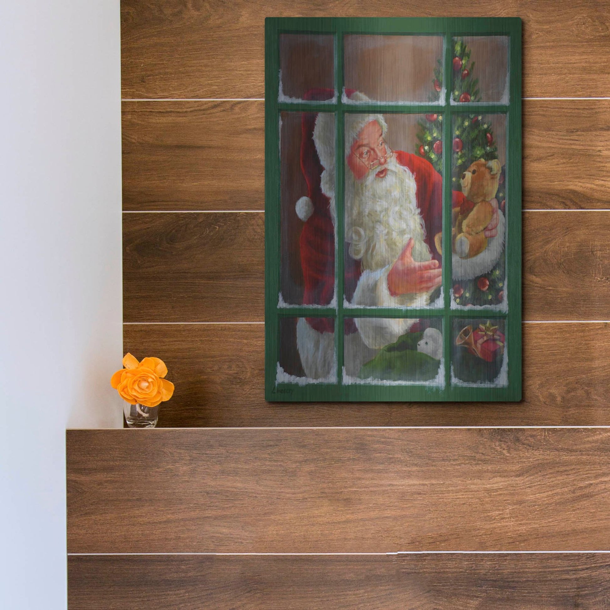 Luxe Metal Art 'Santa Window 3' by David Lindsley, Metal Wall Art,12x16