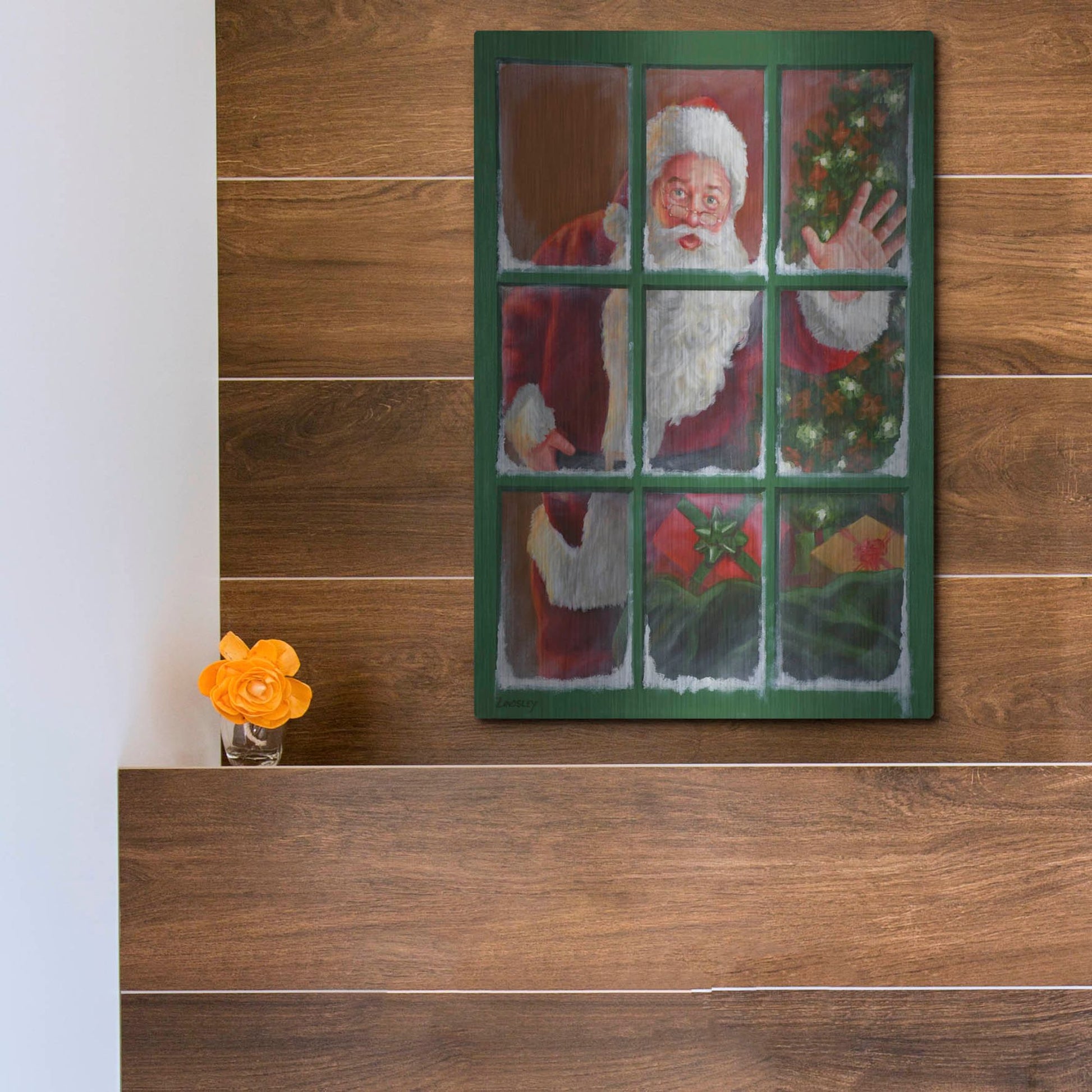 Luxe Metal Art 'Santa Window 4' by David Lindsley, Metal Wall Art,12x16