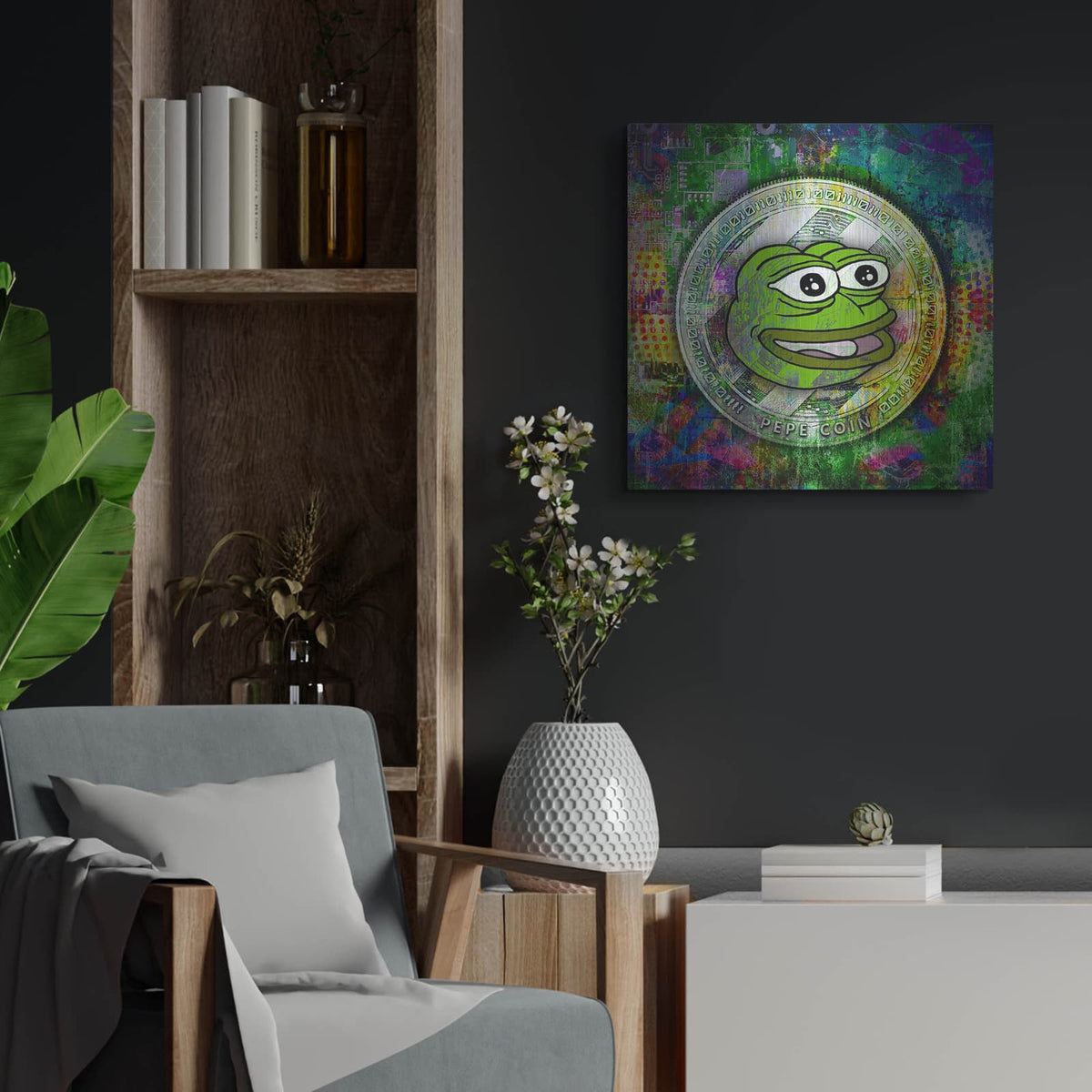 'PEPE Crypto Coin' by Valentyn Artemenko – Metal Wall Art, 24x24 room view