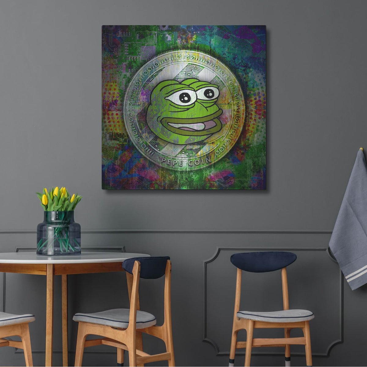 'PEPE Crypto Coin' by Valentyn Artemenko – Metal Wall Art, 36x36 room view