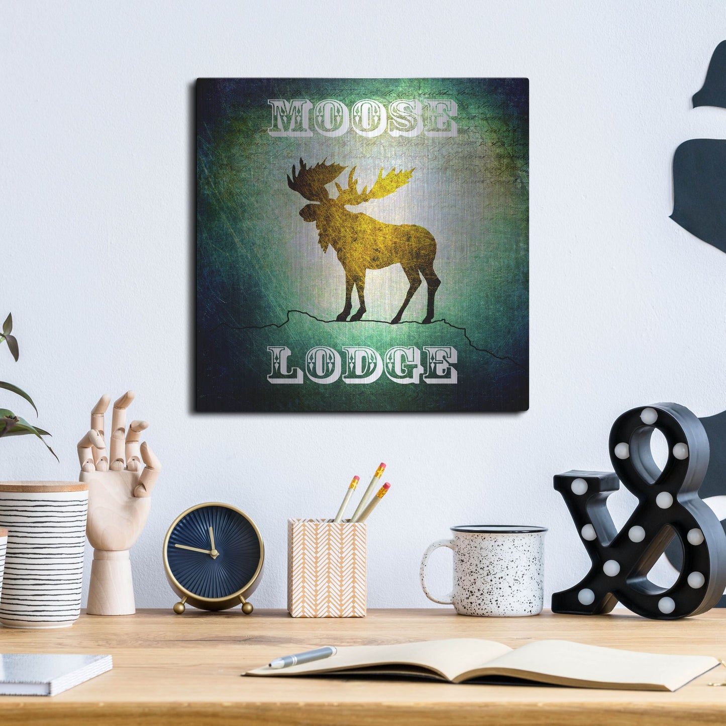 Luxe Metal Art 'Lodge Moose Lodge' by Lightbox Journal, Metal Wall Art,12x12