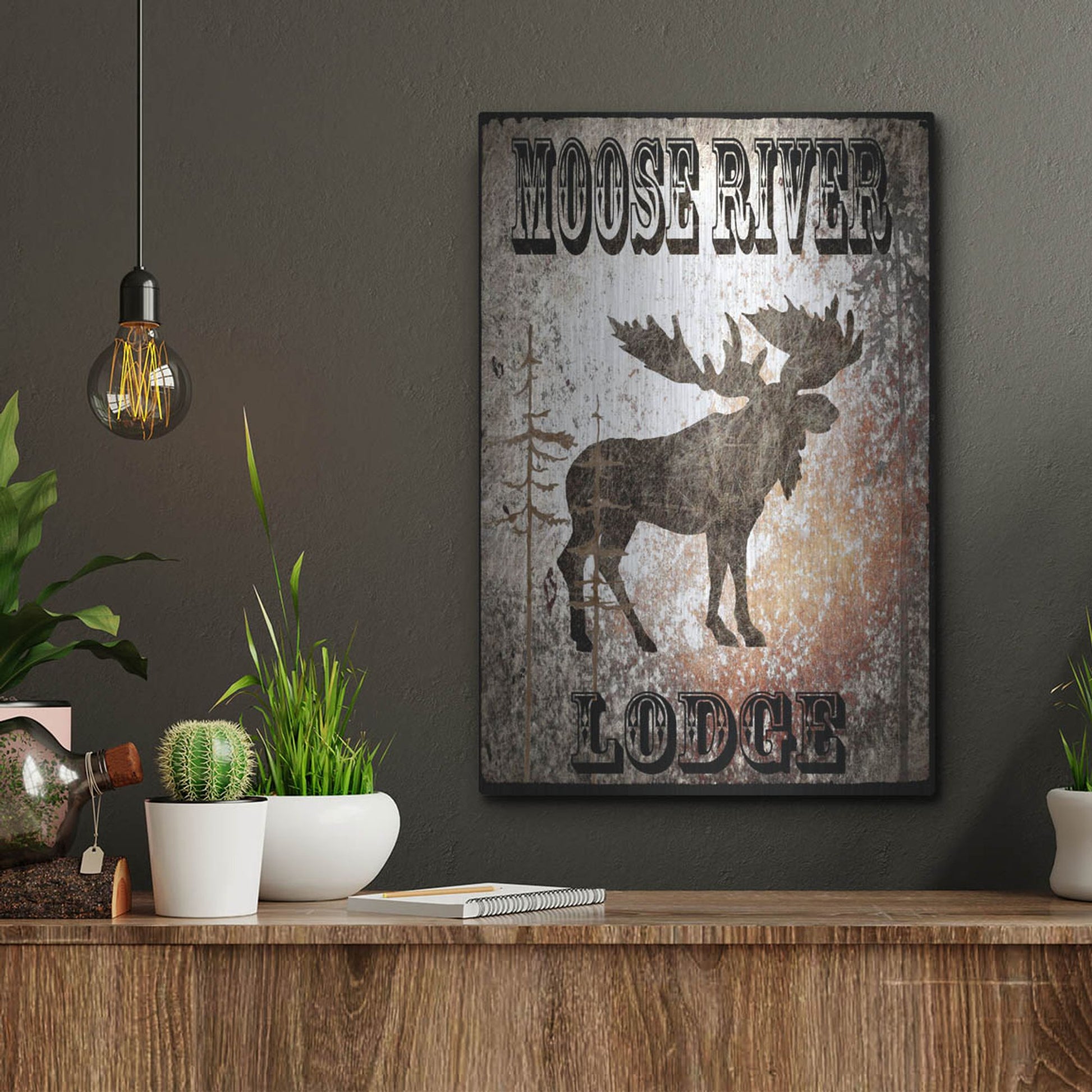 Luxe Metal Art 'Lodge Moose River Lodge' by Lightbox Journal, Metal Wall Art,12x16