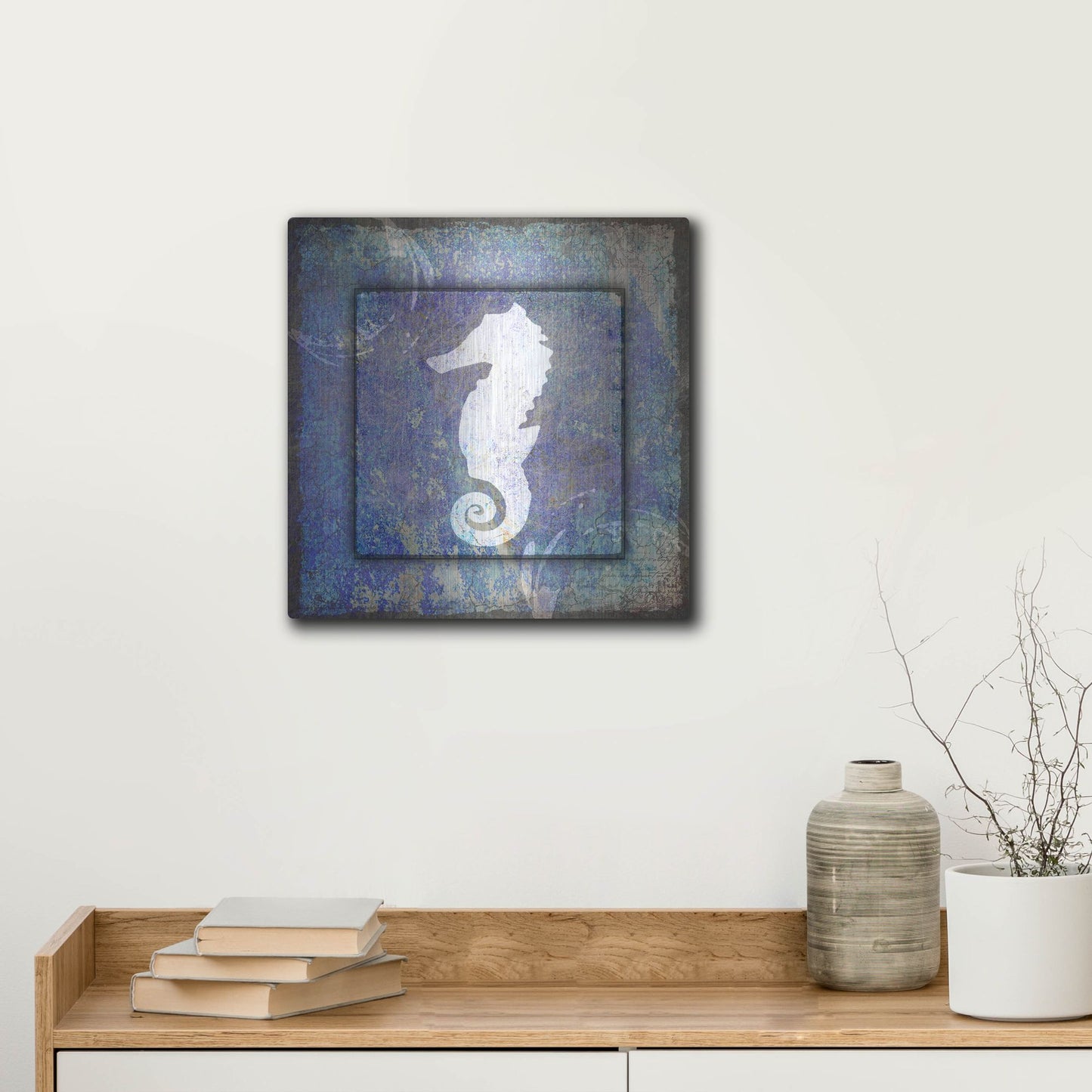 Luxe Metal Art 'Beach House Sea Horse' by Lightbox Journal, Metal Wall Art,12x12