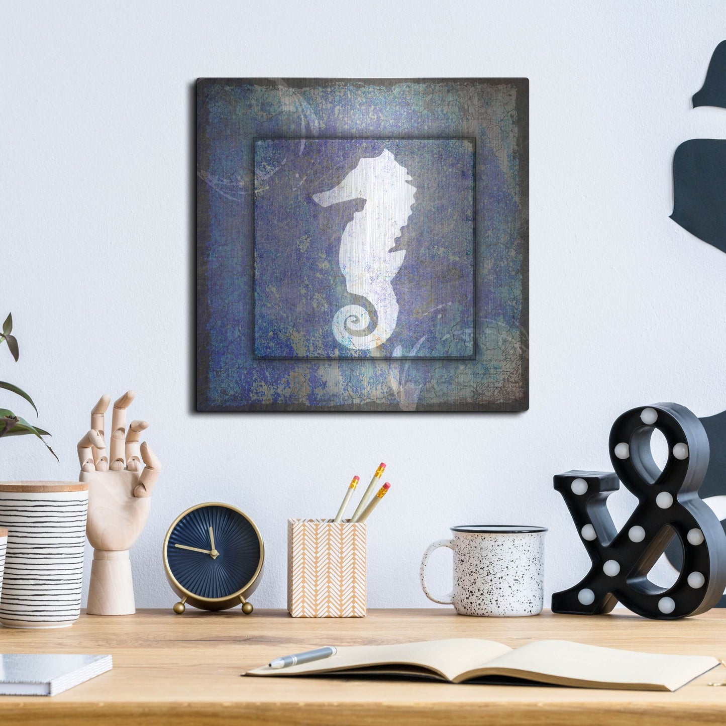 Luxe Metal Art 'Beach House Sea Horse' by Lightbox Journal, Metal Wall Art,12x12