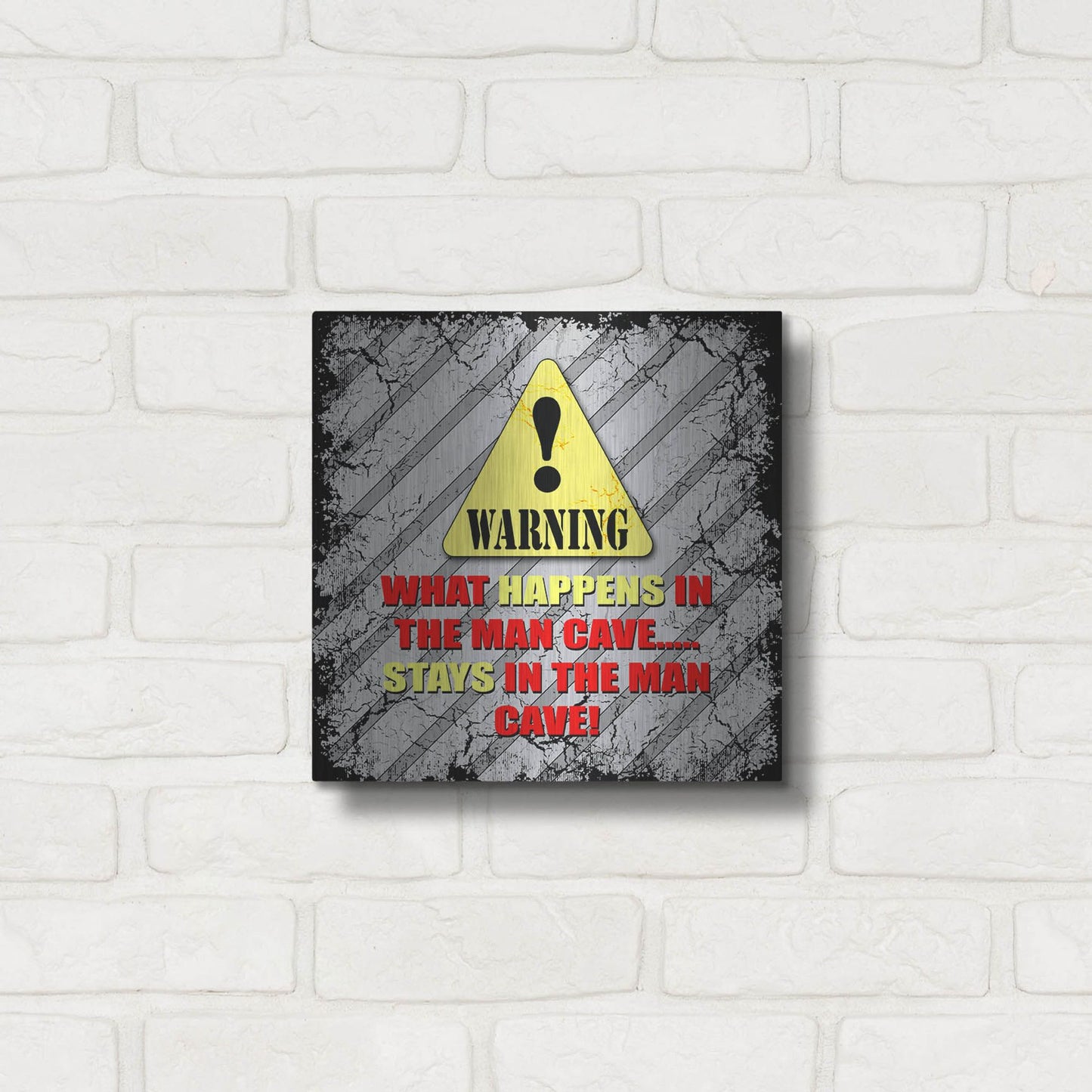 Luxe Metal Art 'Warning Man Cave What Happens Stays' by Lightbox Journal, Metal Wall Art,12x12