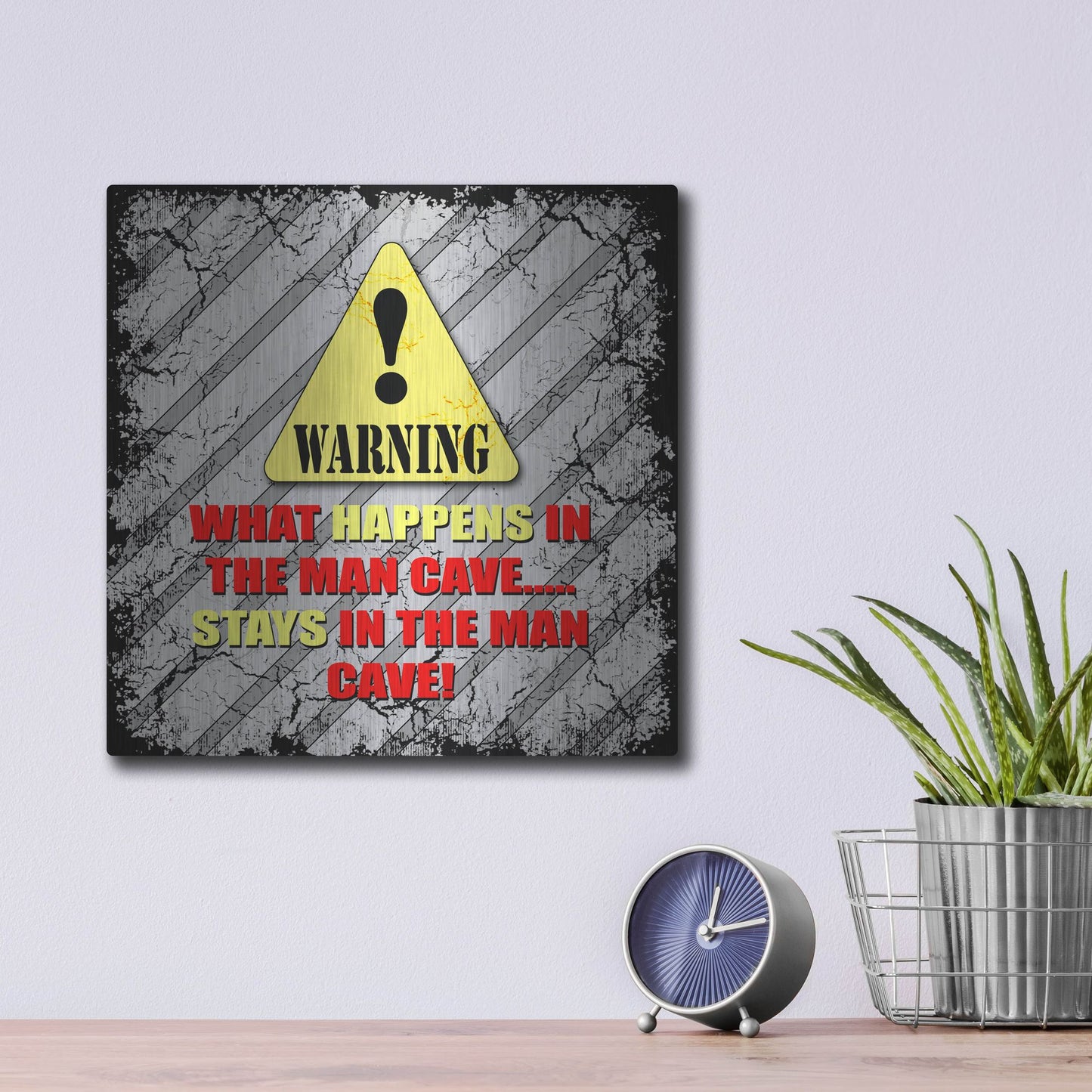 Luxe Metal Art 'Warning Man Cave What Happens Stays' by Lightbox Journal, Metal Wall Art,12x12