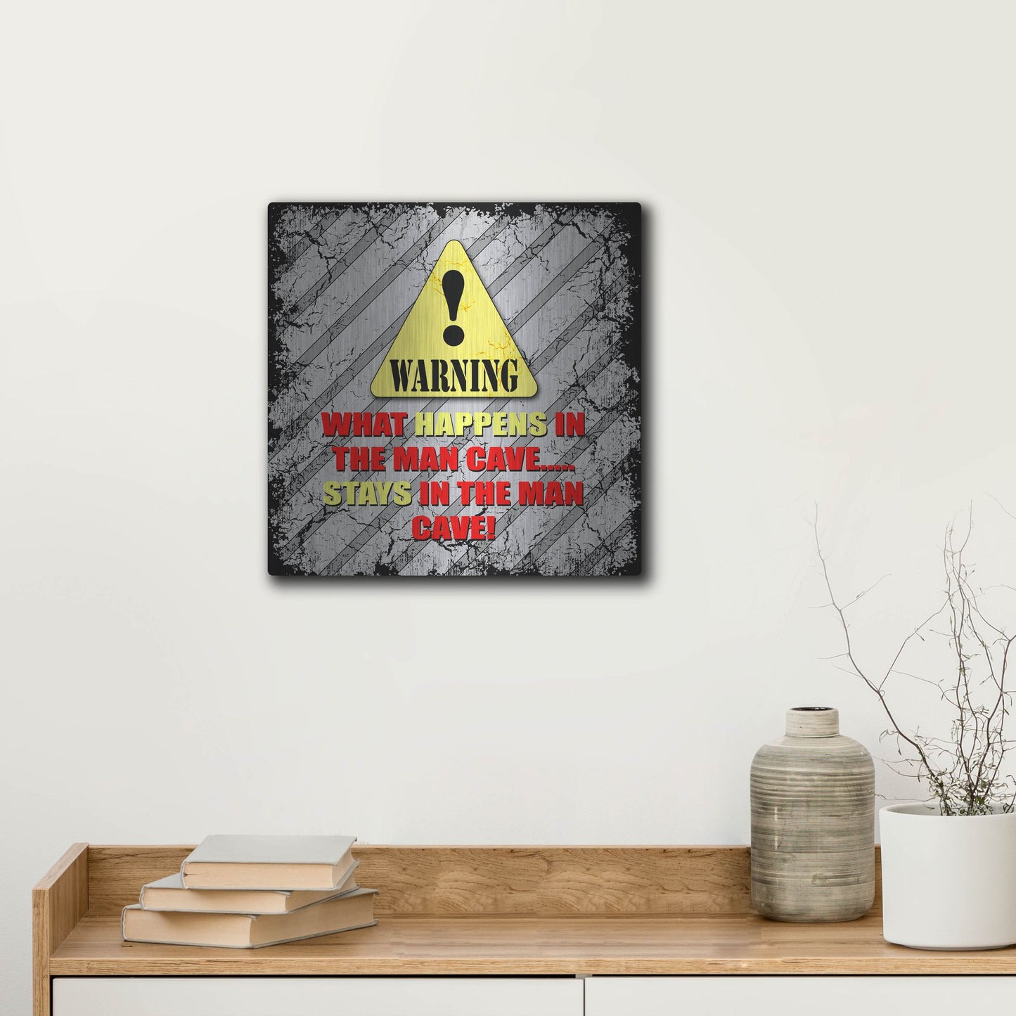 Luxe Metal Art 'Warning Man Cave What Happens Stays' by Lightbox Journal, Metal Wall Art,12x12