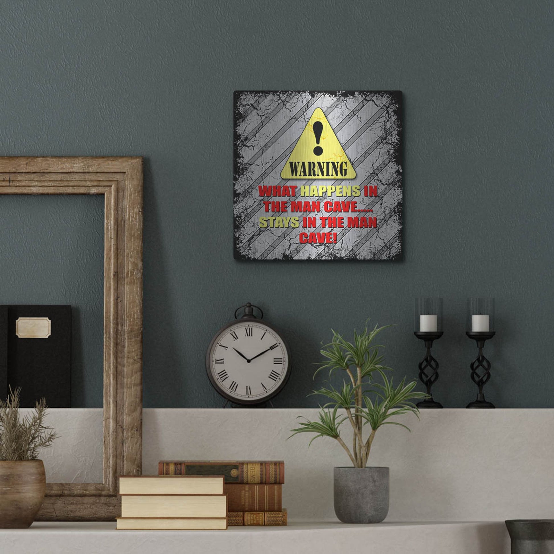 Luxe Metal Art 'Warning Man Cave What Happens Stays' by Lightbox Journal, Metal Wall Art,12x12