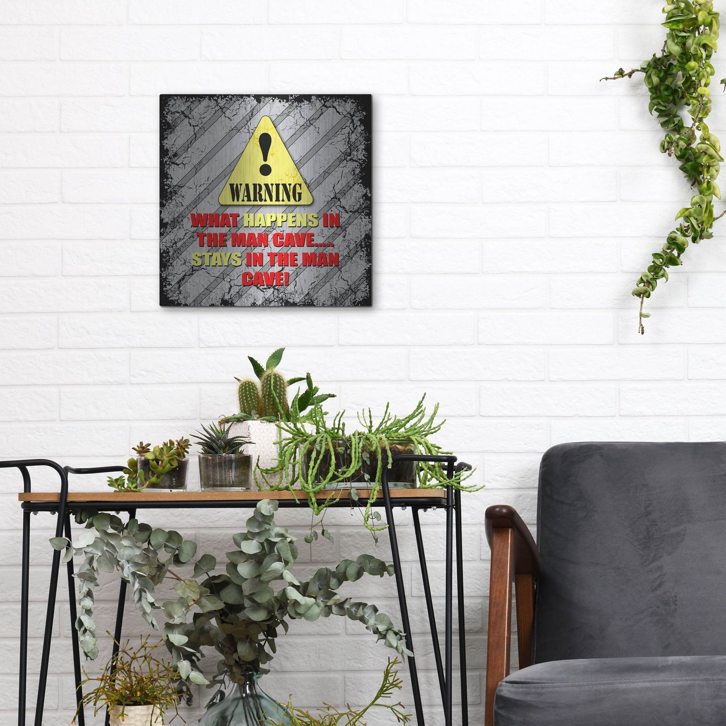 Luxe Metal Art 'Warning Man Cave What Happens Stays' by Lightbox Journal, Metal Wall Art,12x12