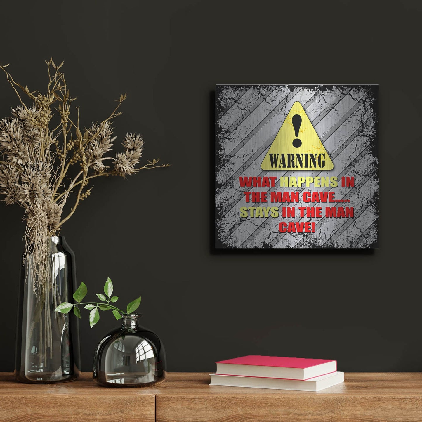 Luxe Metal Art 'Warning Man Cave What Happens Stays' by Lightbox Journal, Metal Wall Art,12x12