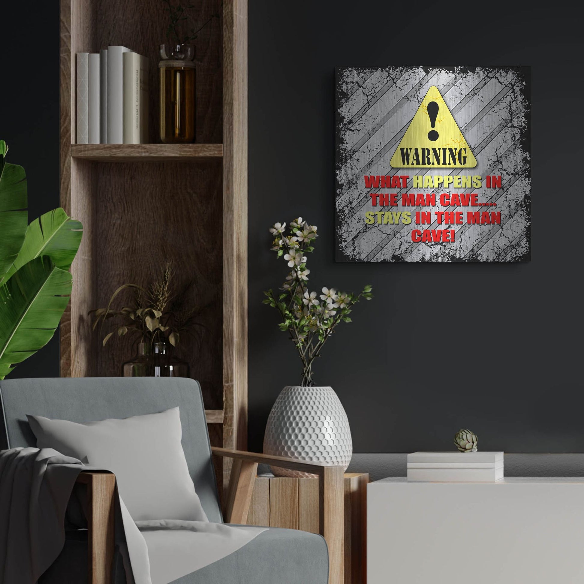 Luxe Metal Art 'Warning Man Cave What Happens Stays' by Lightbox Journal, Metal Wall Art,24x24