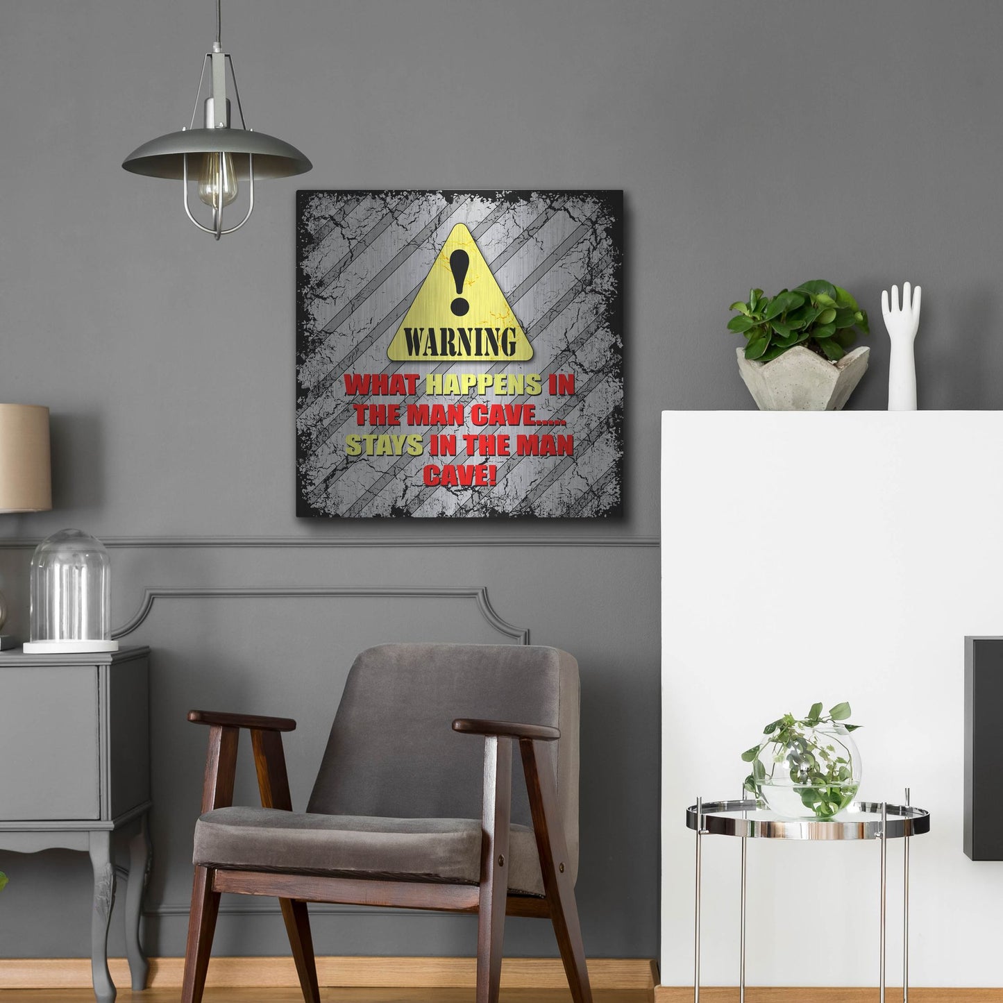 Luxe Metal Art 'Warning Man Cave What Happens Stays' by Lightbox Journal, Metal Wall Art,24x24
