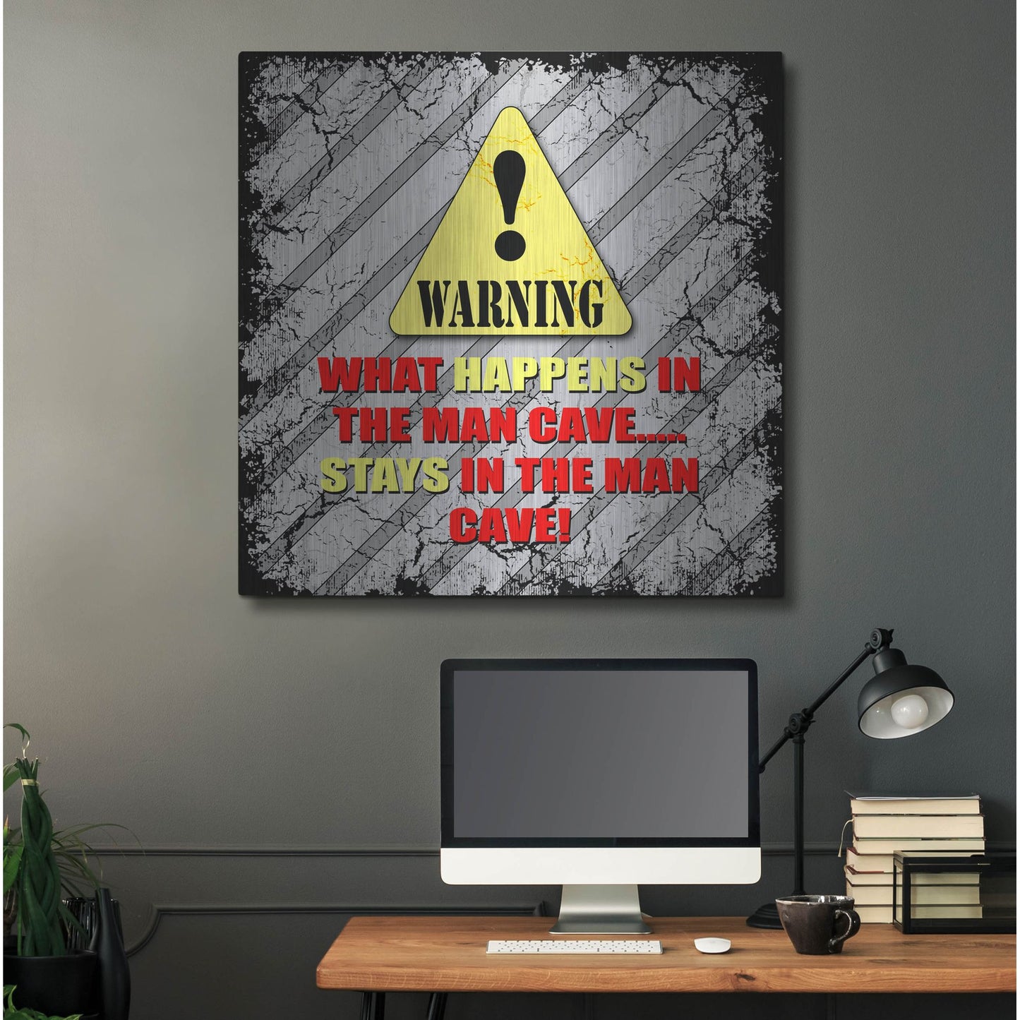 Luxe Metal Art 'Warning Man Cave What Happens Stays' by Lightbox Journal, Metal Wall Art,36x36