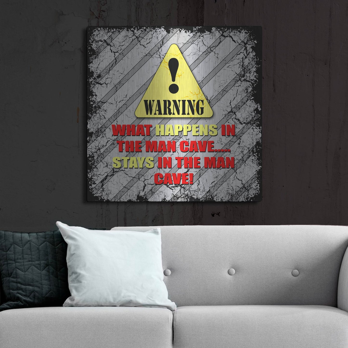 Luxe Metal Art 'Warning Man Cave What Happens Stays' by Lightbox Journal, Metal Wall Art,36x36