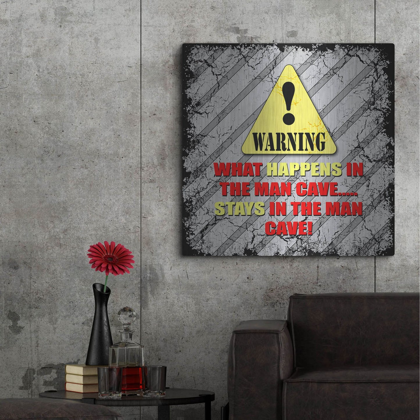 Luxe Metal Art 'Warning Man Cave What Happens Stays' by Lightbox Journal, Metal Wall Art,36x36