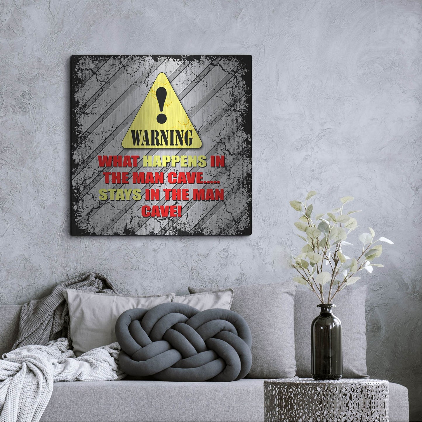 Luxe Metal Art 'Warning Man Cave What Happens Stays' by Lightbox Journal, Metal Wall Art,36x36