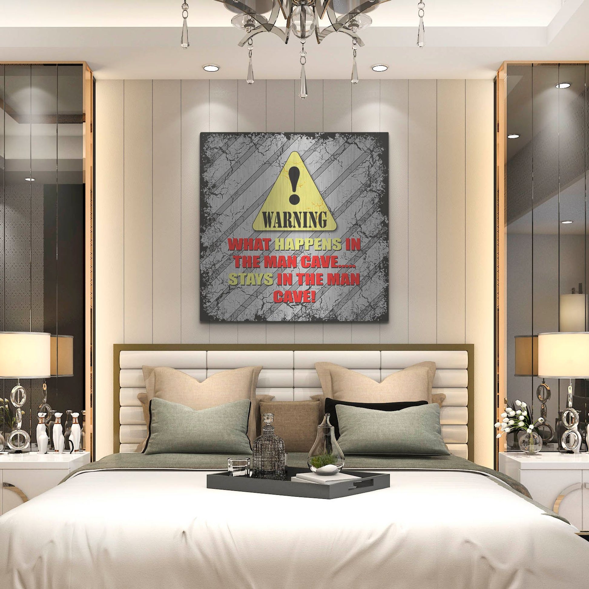 Luxe Metal Art 'Warning Man Cave What Happens Stays' by Lightbox Journal, Metal Wall Art,36x36