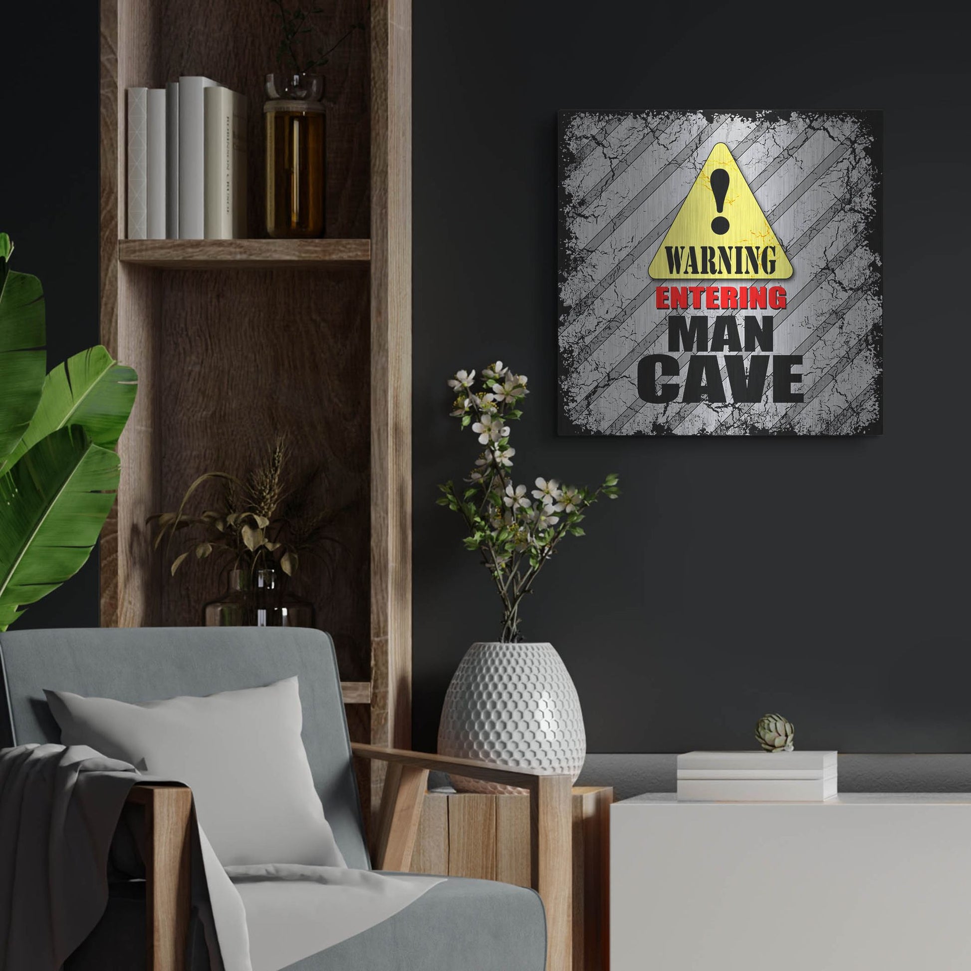 Luxe Metal Art 'Warning Man Cave' by Lightbox Journal, Metal Wall Art,24x24