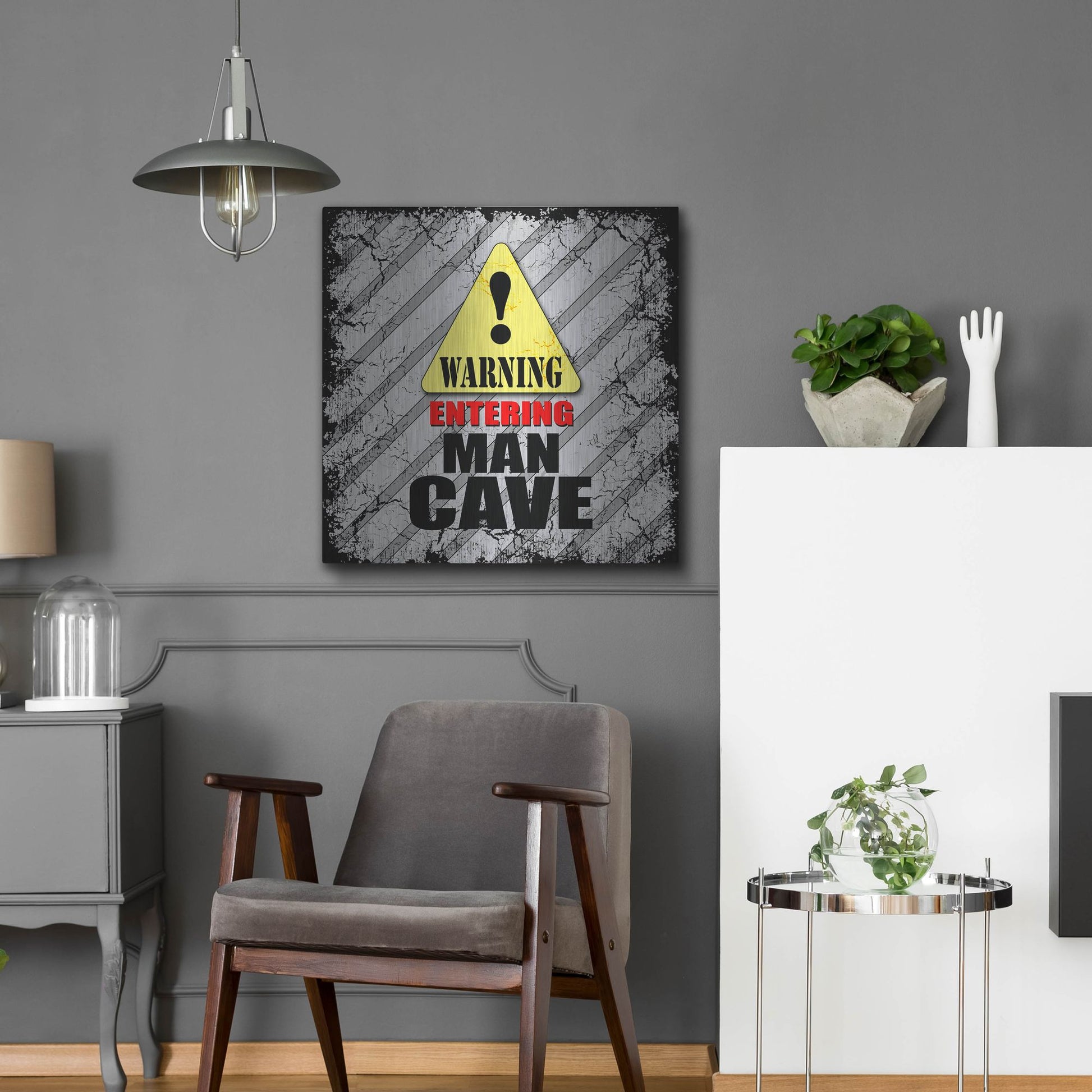 Luxe Metal Art 'Warning Man Cave' by Lightbox Journal, Metal Wall Art,24x24