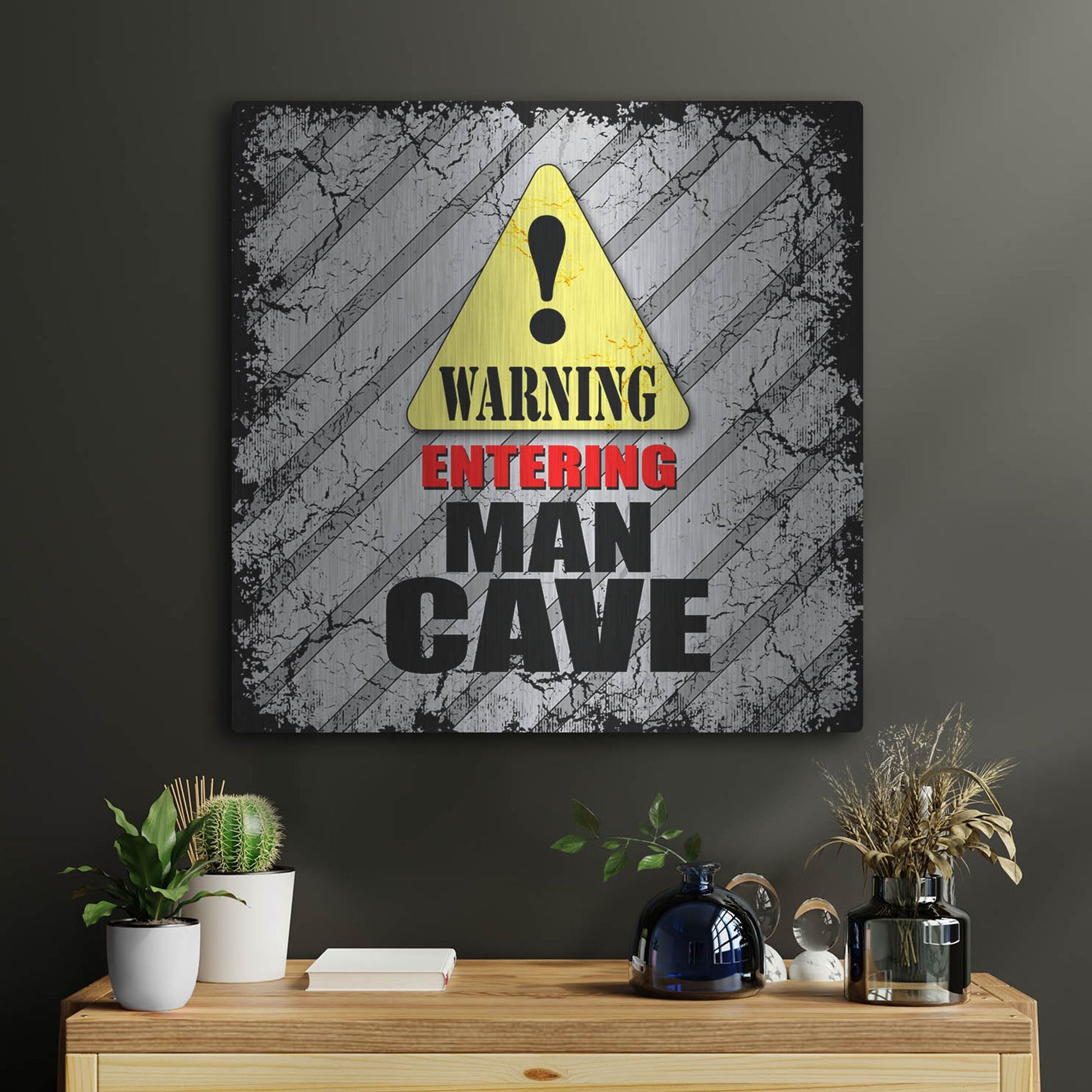 Luxe Metal Art 'Warning Man Cave' by Lightbox Journal, Metal Wall Art,24x24