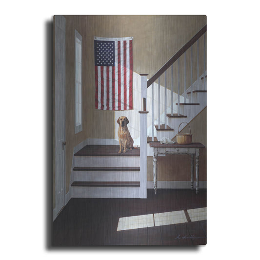 Luxe Metal Art 'Dog On Stairs' by Zhen-Huan Lu, Metal Wall Art